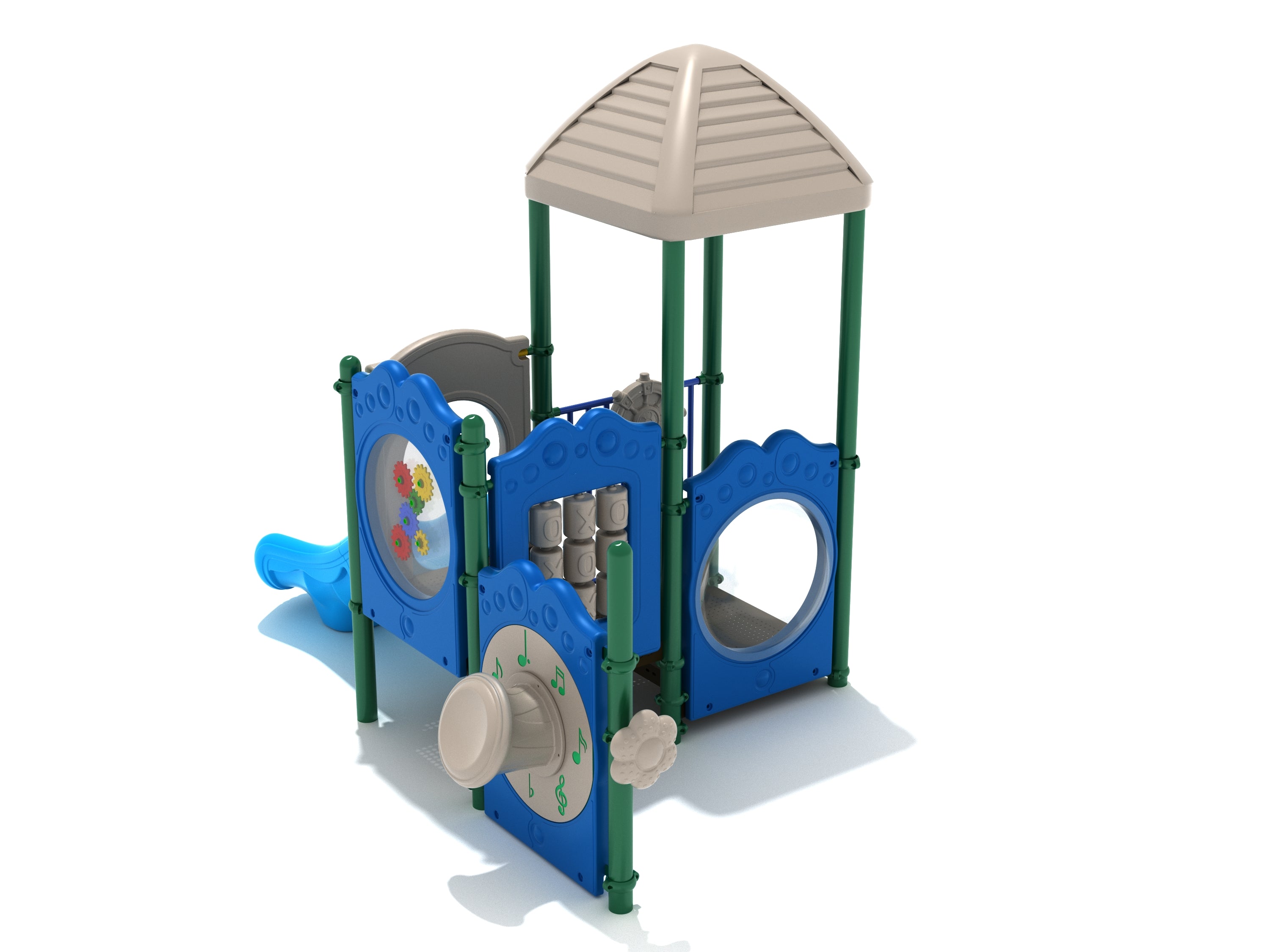 Compact toddler playground structure with blue activity panels, green posts, beige roof, and small blue slide