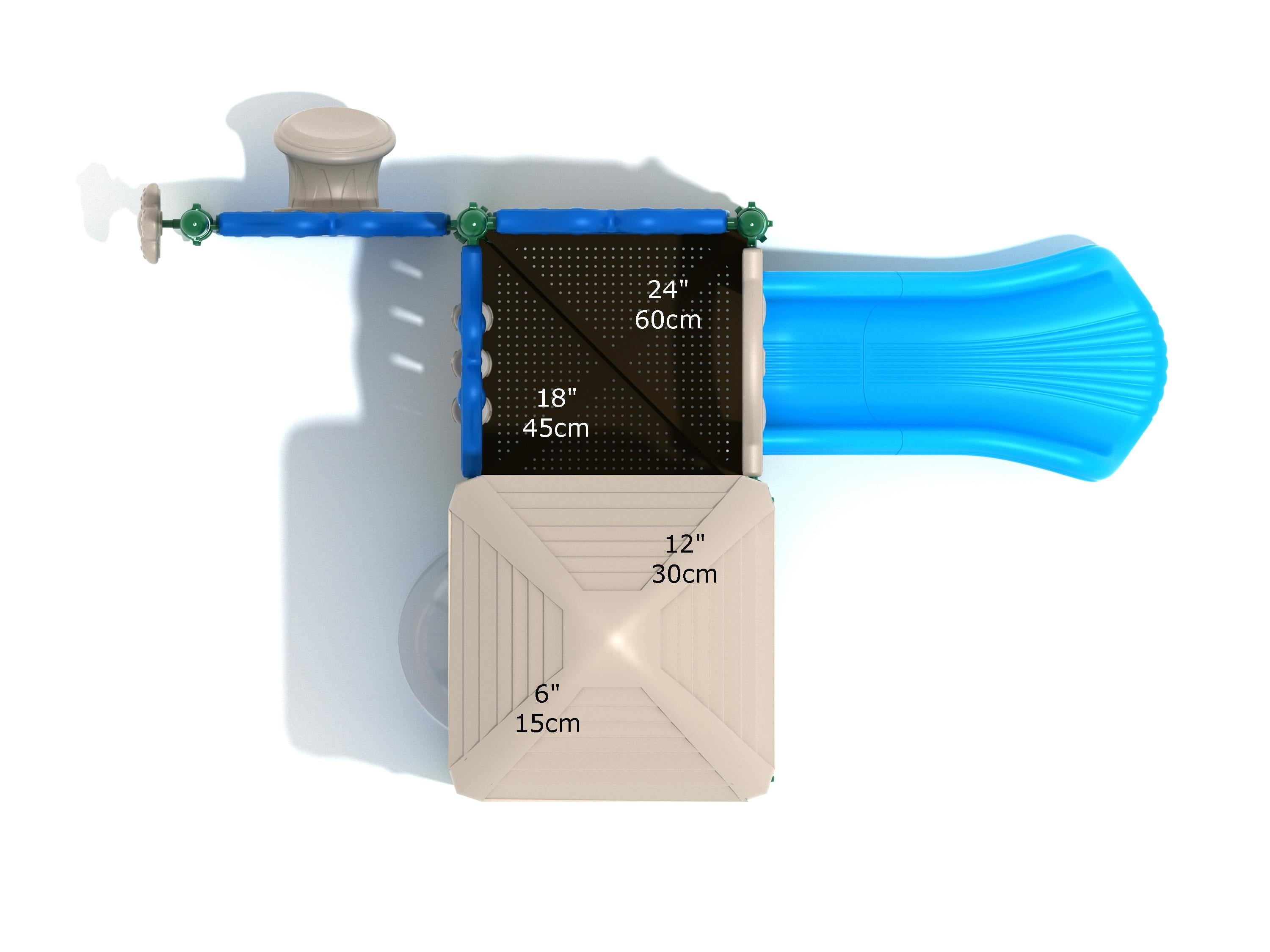 Overhead view of compact toddler playground with beige roof, blue slide, and sensory play panels including gear and tic tac toe.
