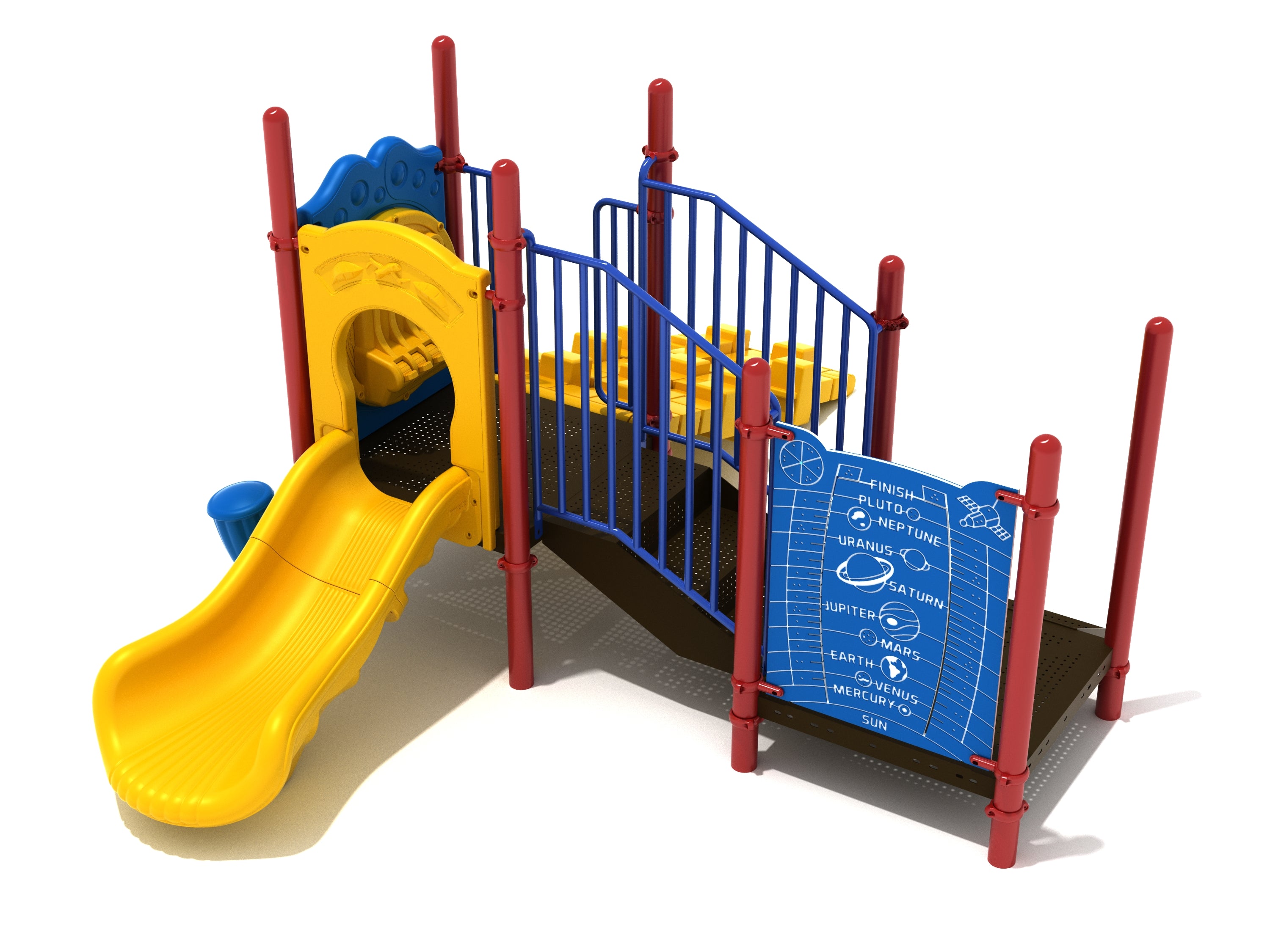 Colorful playground structure with yellow slide, red posts, blue railings, and an educational solar system panel.