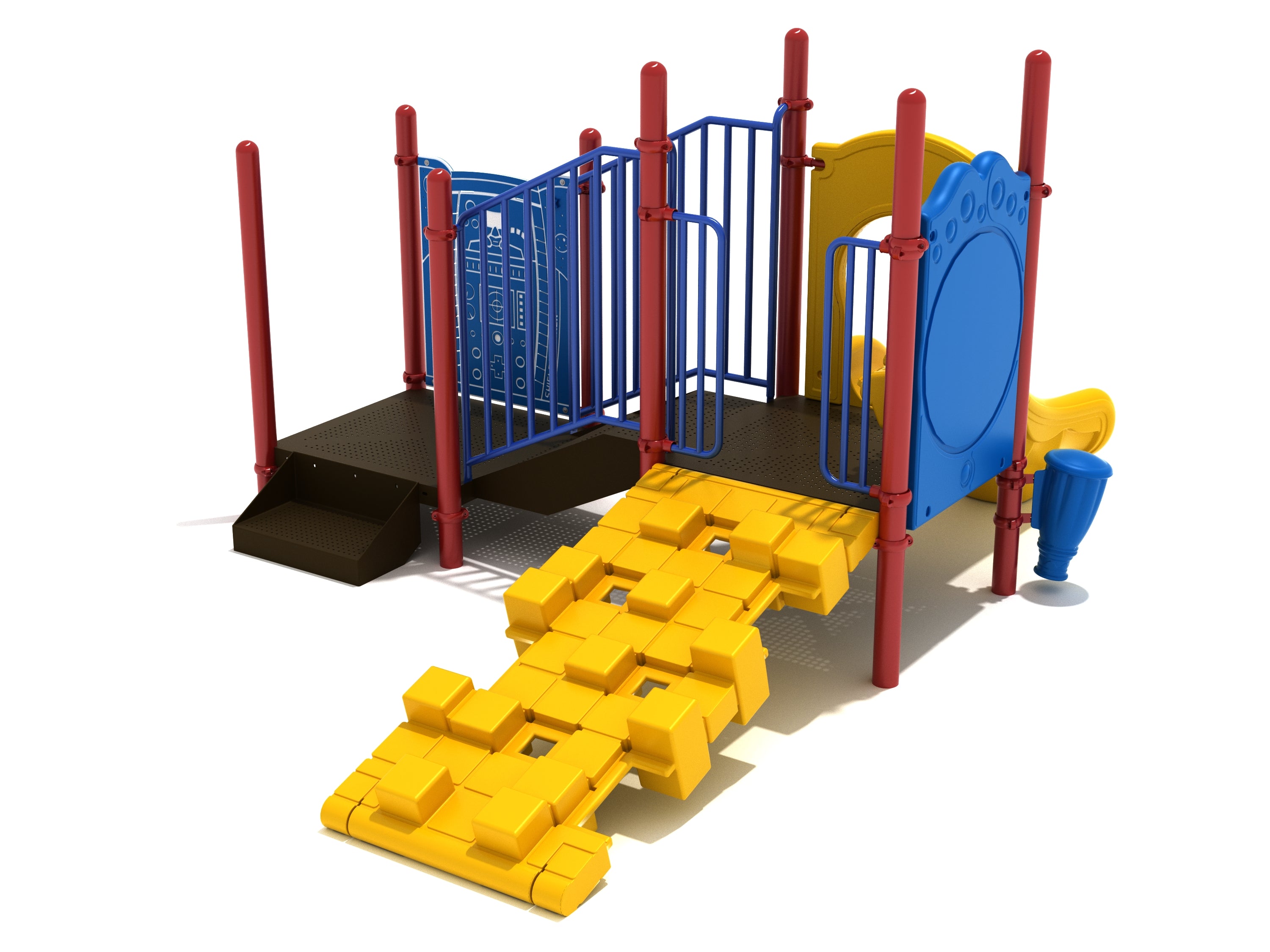 Colorful toddler playground with yellow pixel climber, blue activity panels, red posts, and small slide