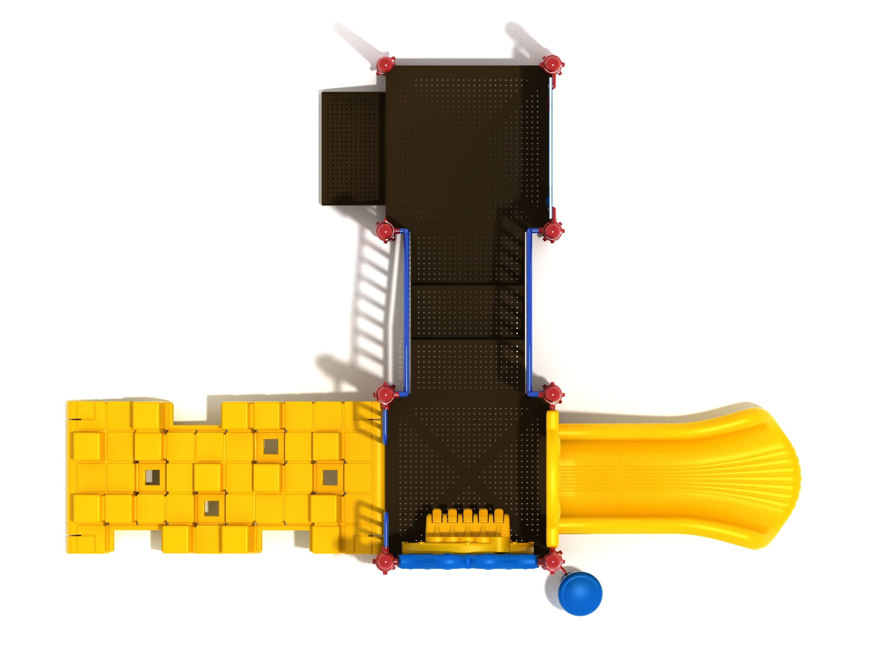 Overhead view of a commercial playground with yellow slide, climbing wall, black perforated platforms, and interactive play panels