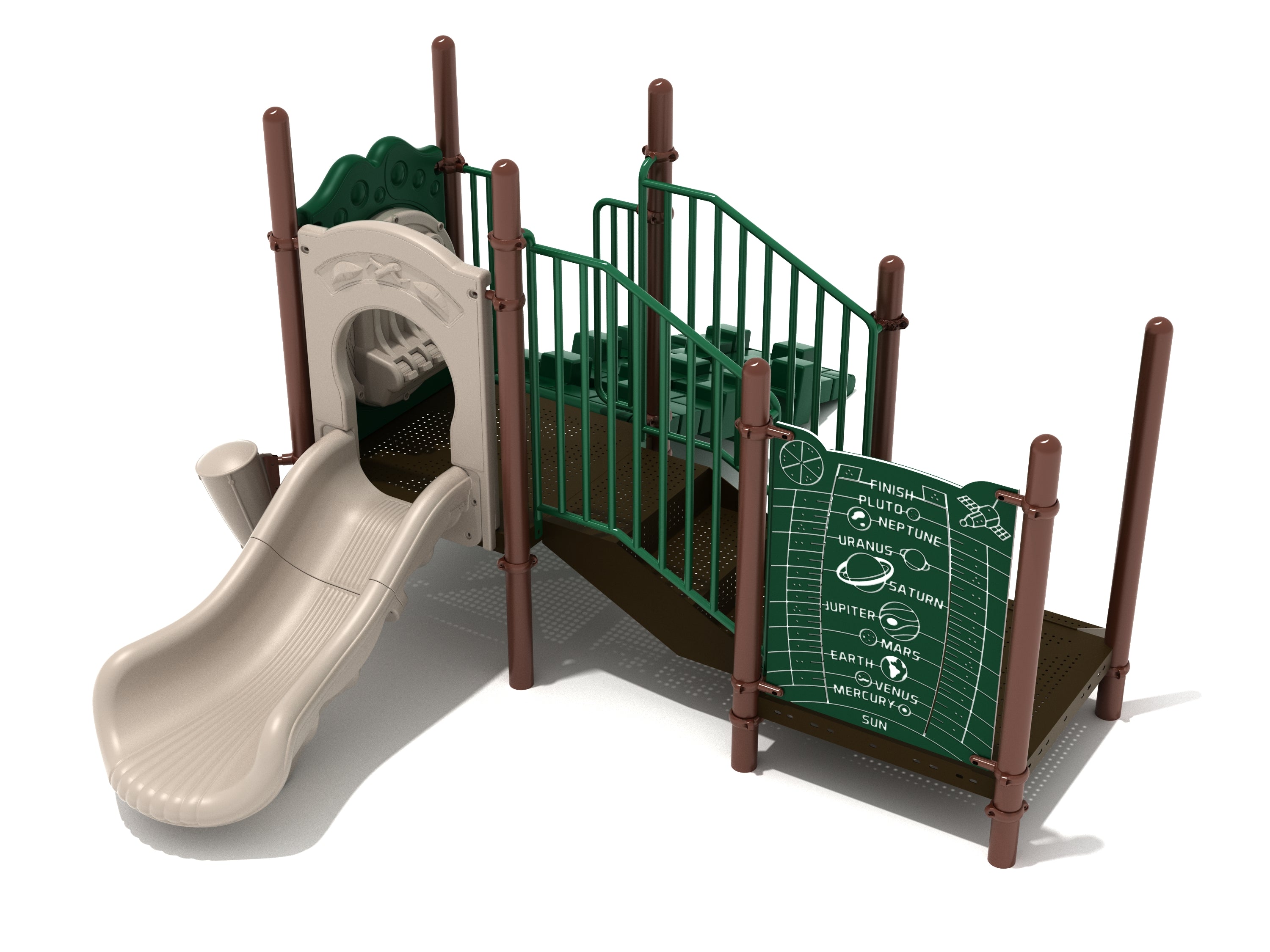 Bisbee Playground with beige slide, green railings, and solar system panel featuring planet illustrations and names