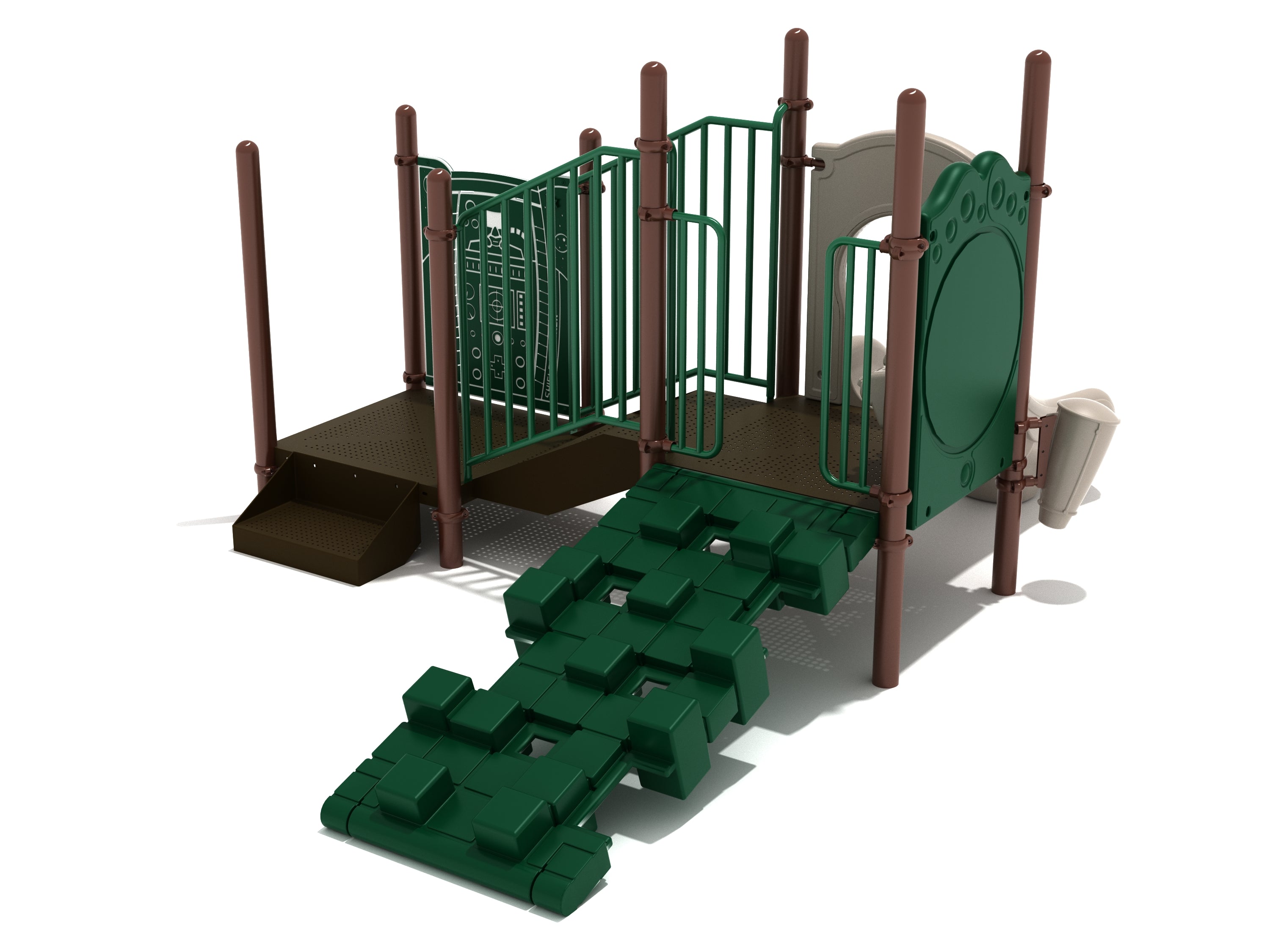 Compact commercial playground with green pixel climber ramp, brown posts, interactive panels, and small slide for young children.