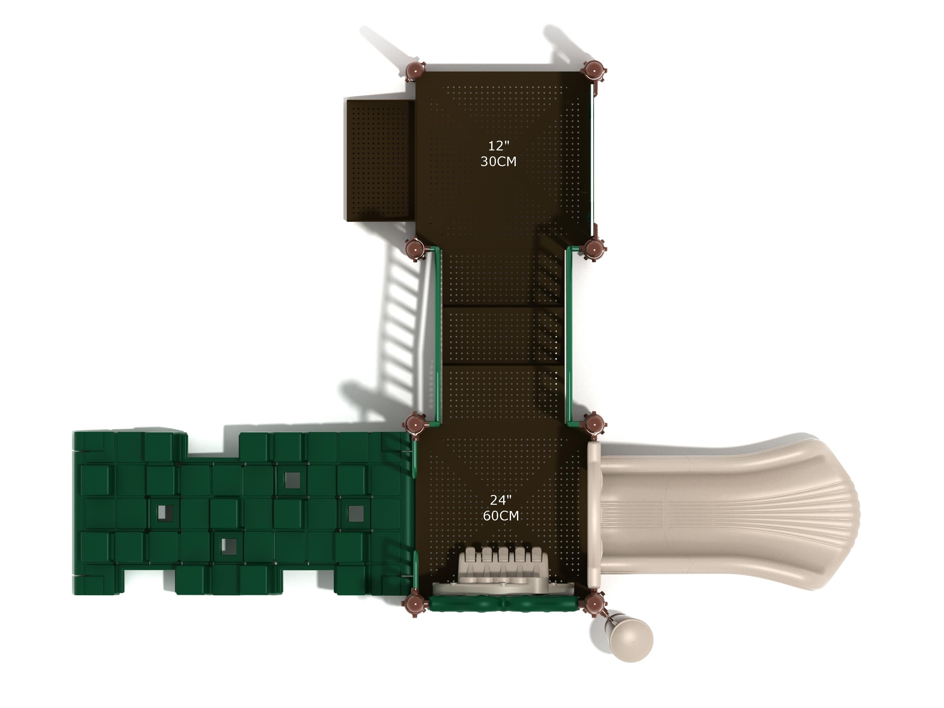 Overhead view of a commercial playground with a green pixel climber, beige slide, brown platforms, and interactive play panels.