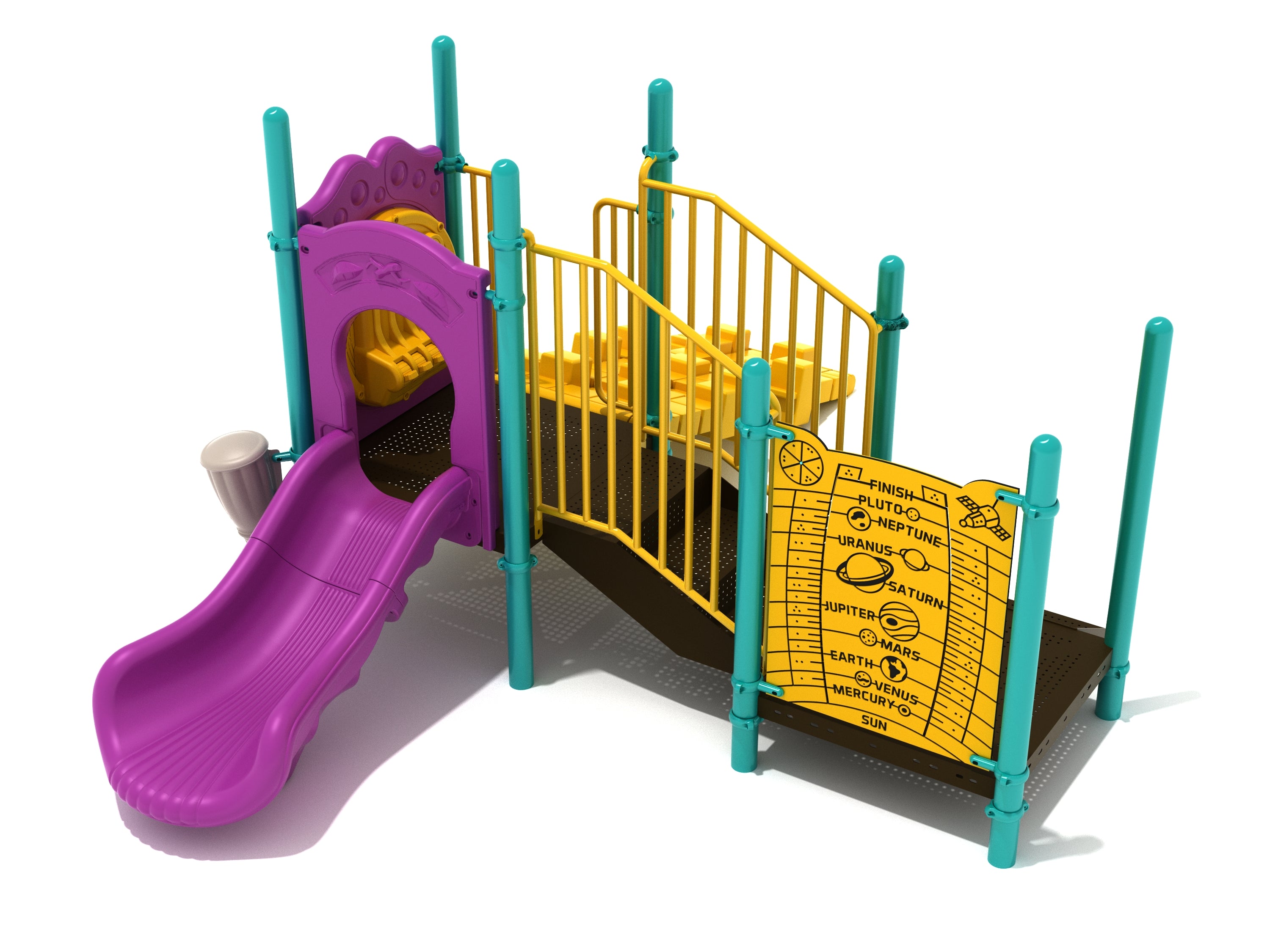 Colorful toddler playground with purple slide, yellow railings, teal posts, and a solar system activity panel
