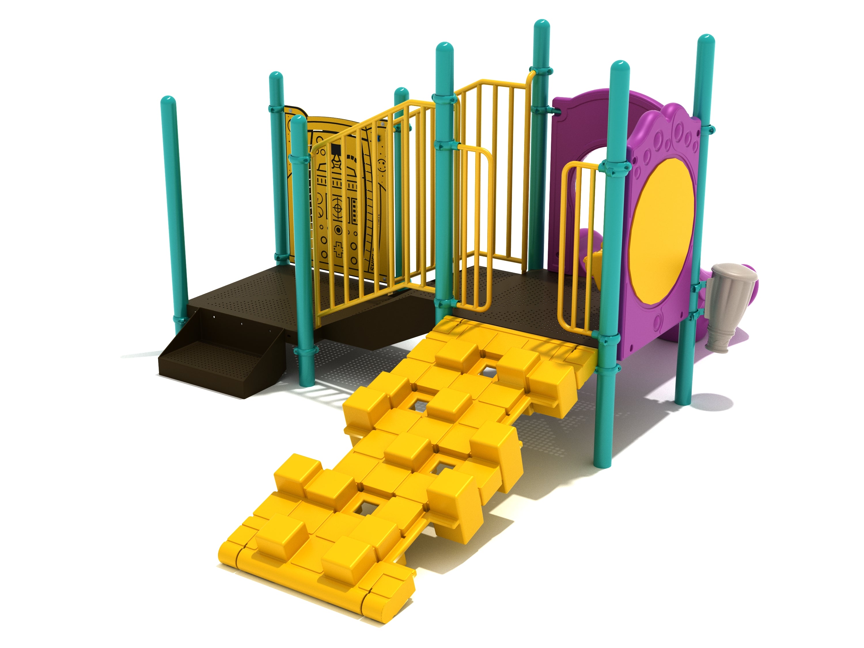 Colorful toddler playground with yellow pixel climber, purple activity panels, teal posts, accessible ramp, and small slide