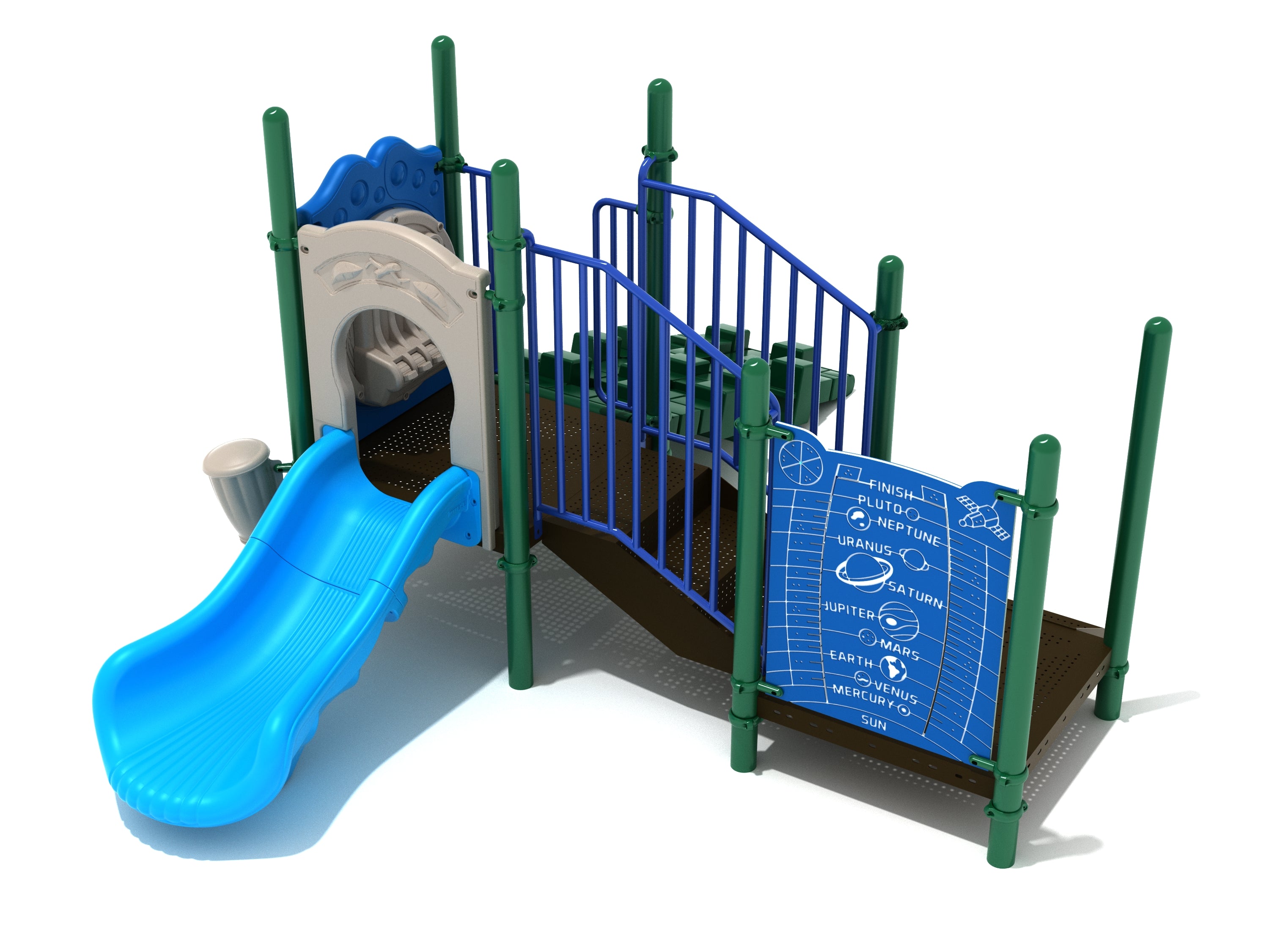 Compact playground structure with blue slide, green posts, blue railings, and a space-themed educational panel.