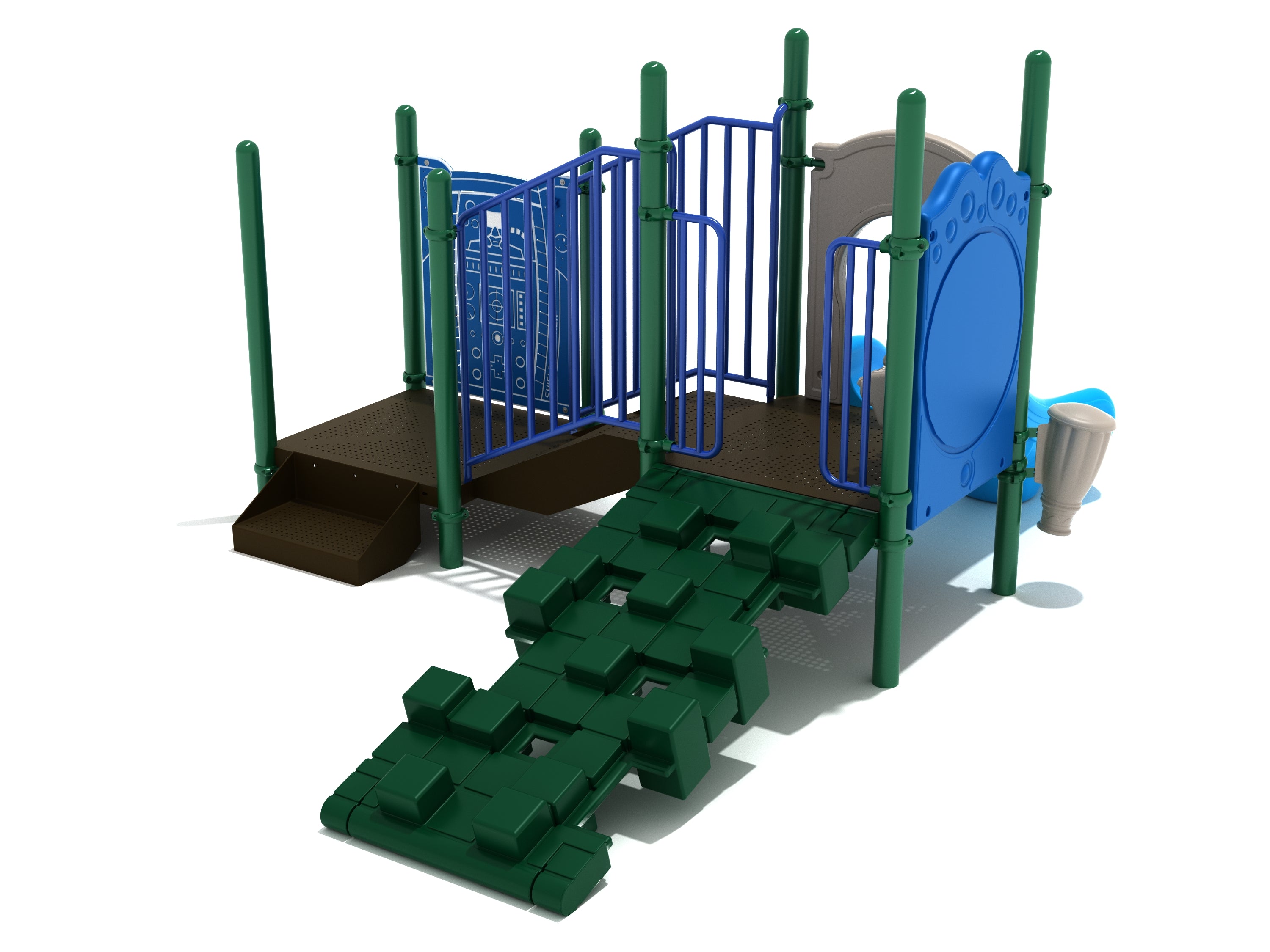 Compact commercial playground with green textured climber, blue activity panels, small slide, and accessible entry points for young children.