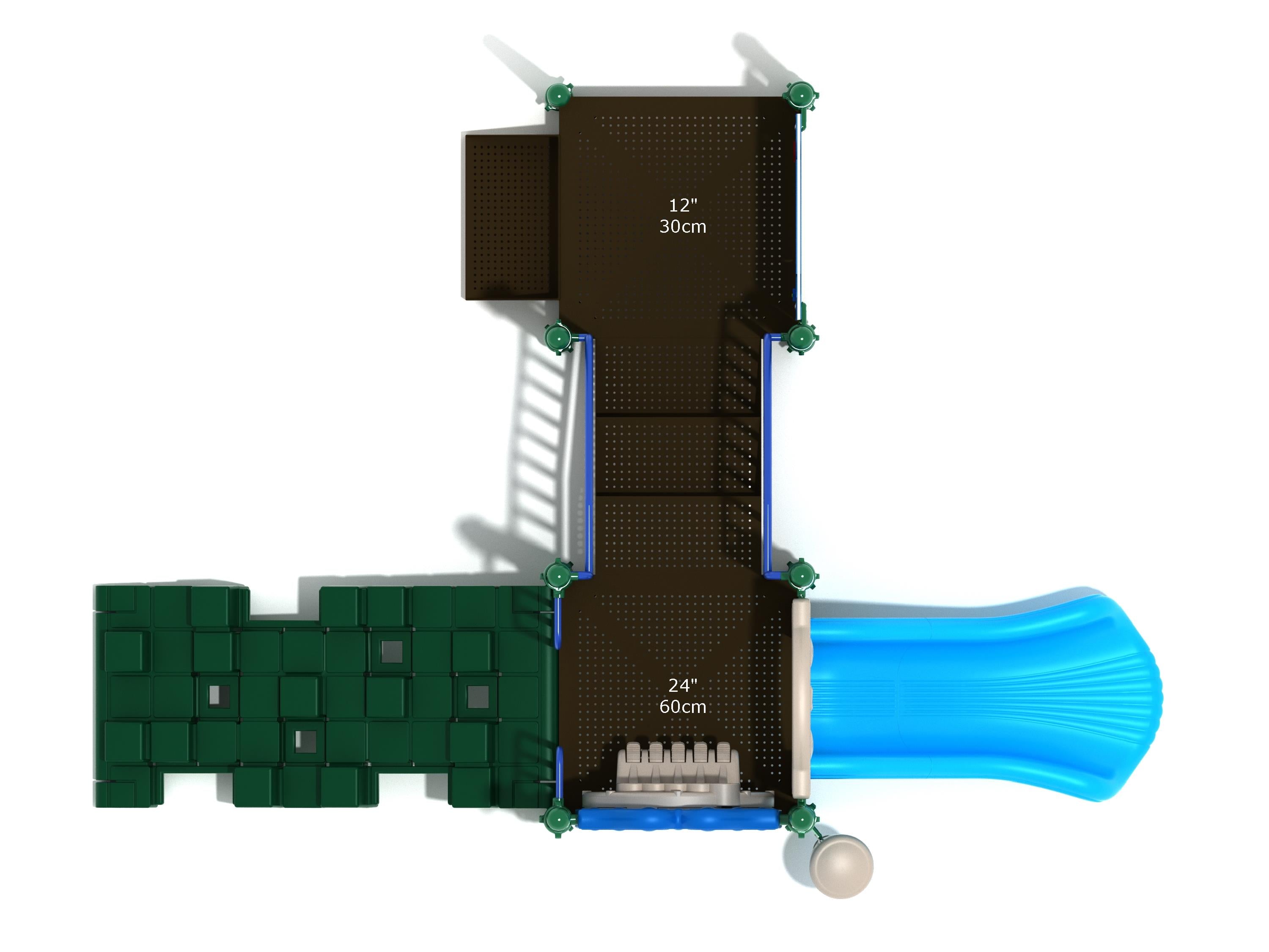 Overhead view of a commercial playground with blue slide, green pixel climber, brown platforms, and interactive play panels