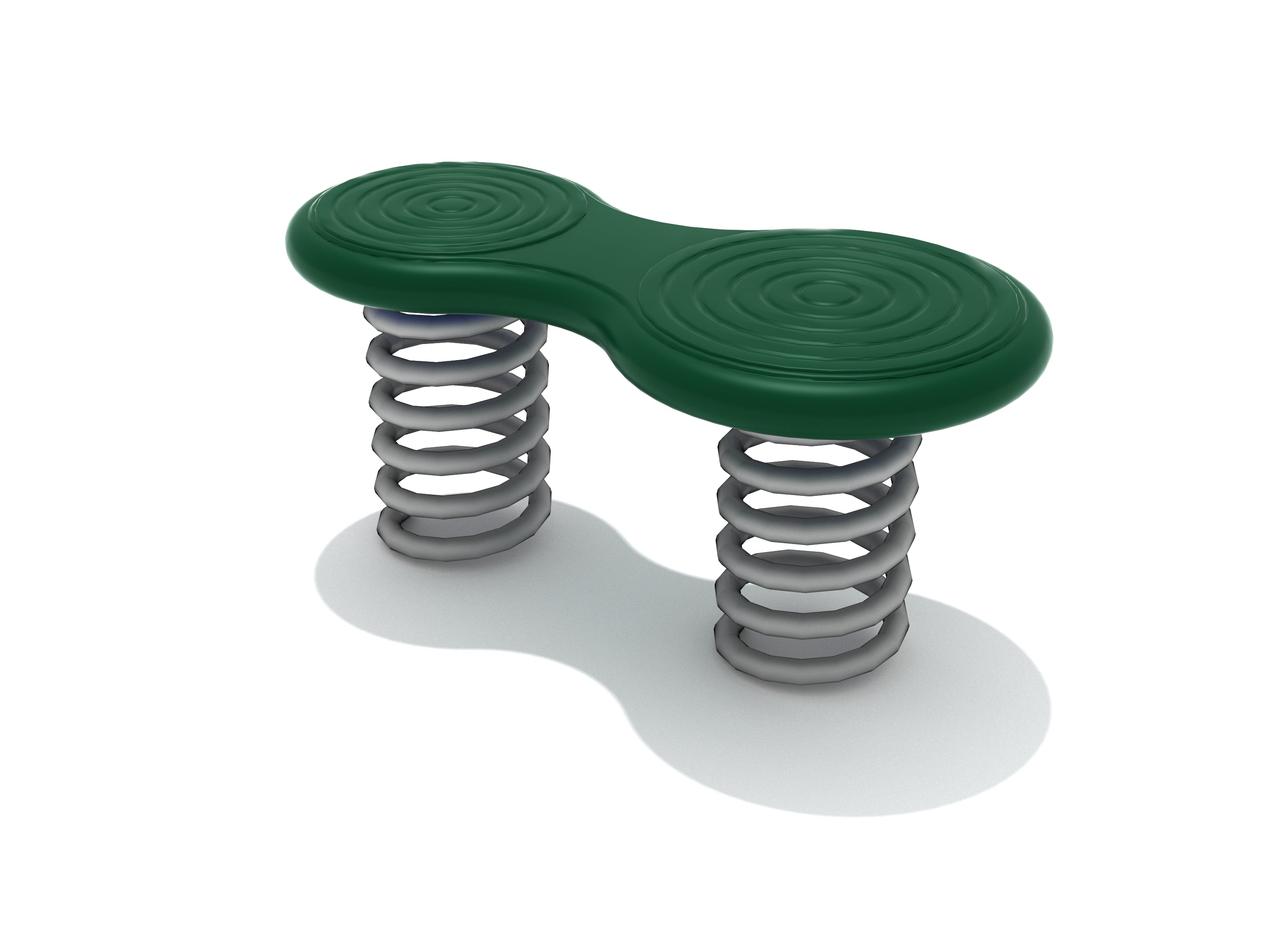 Green textured balance board with dual circular platforms mounted on heavy-duty steel springs for dynamic outdoor fitness.