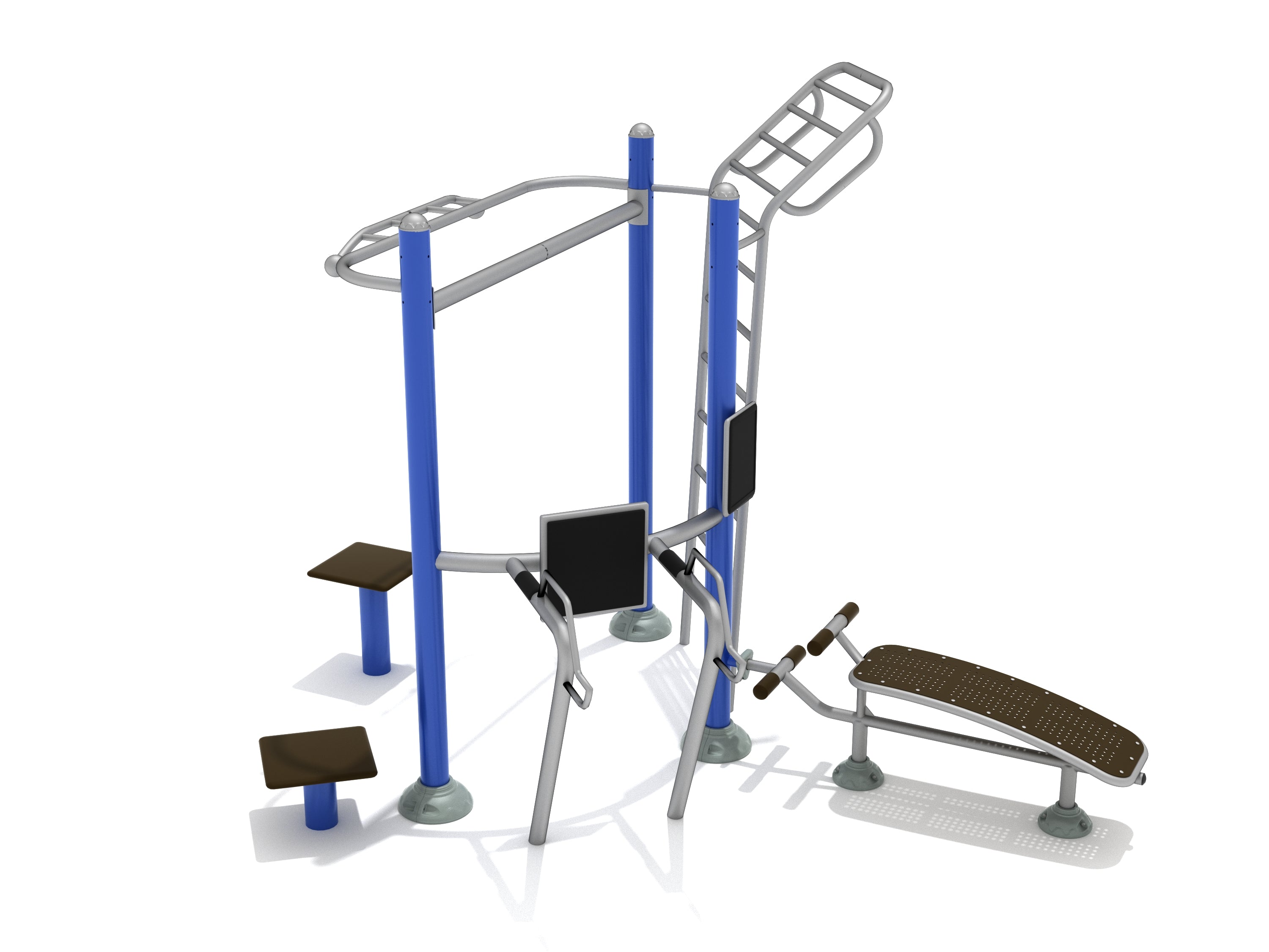 Outdoor fitness station with dip bars, ladder climber, chin-up bars, and angled sit-up bench in blue and gray steel