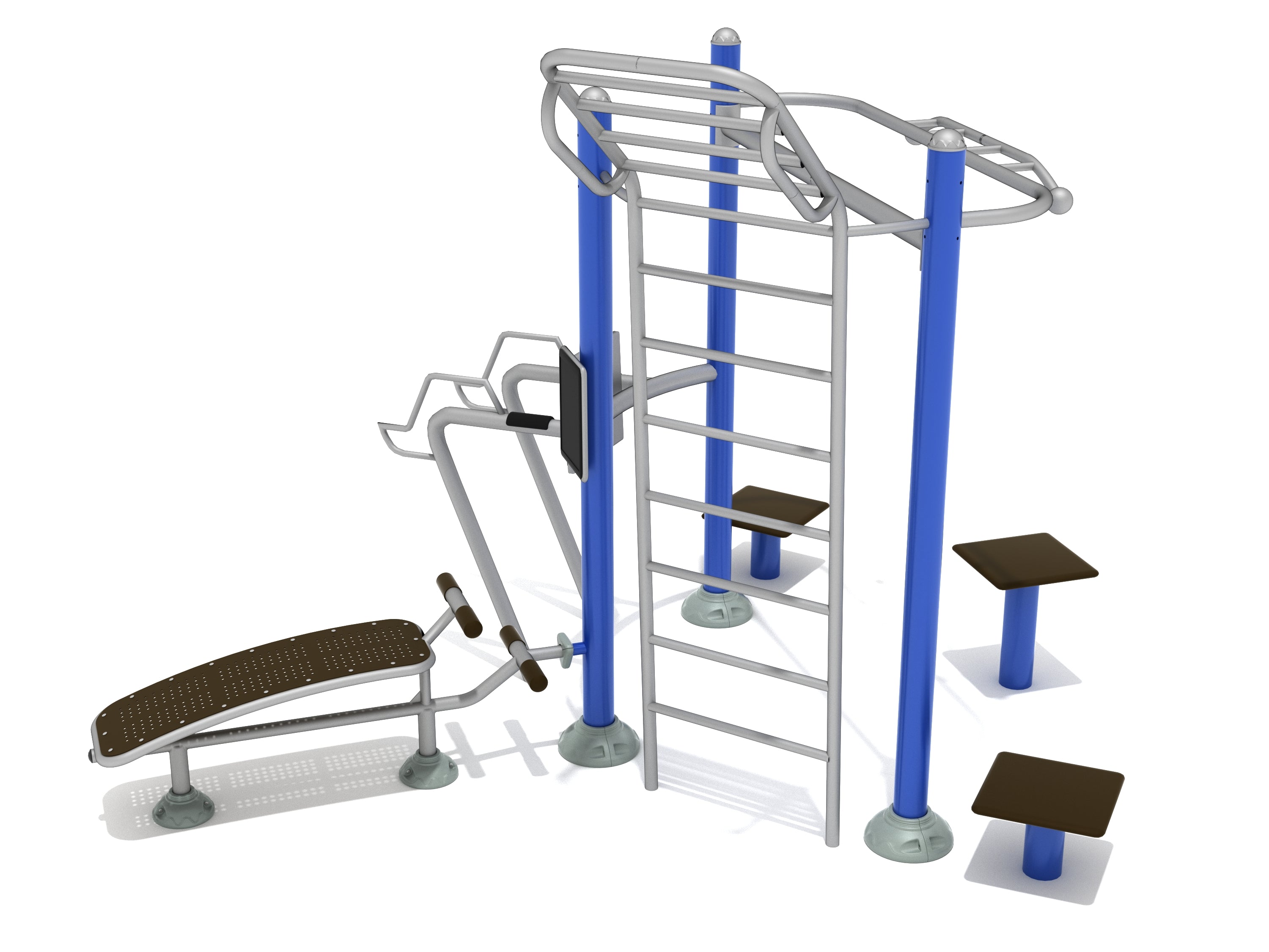 Intermediate Playground Gym outdoor workout equipment with blue steel frame, ladder climber, dip station, chin-up bars, and exercise benches