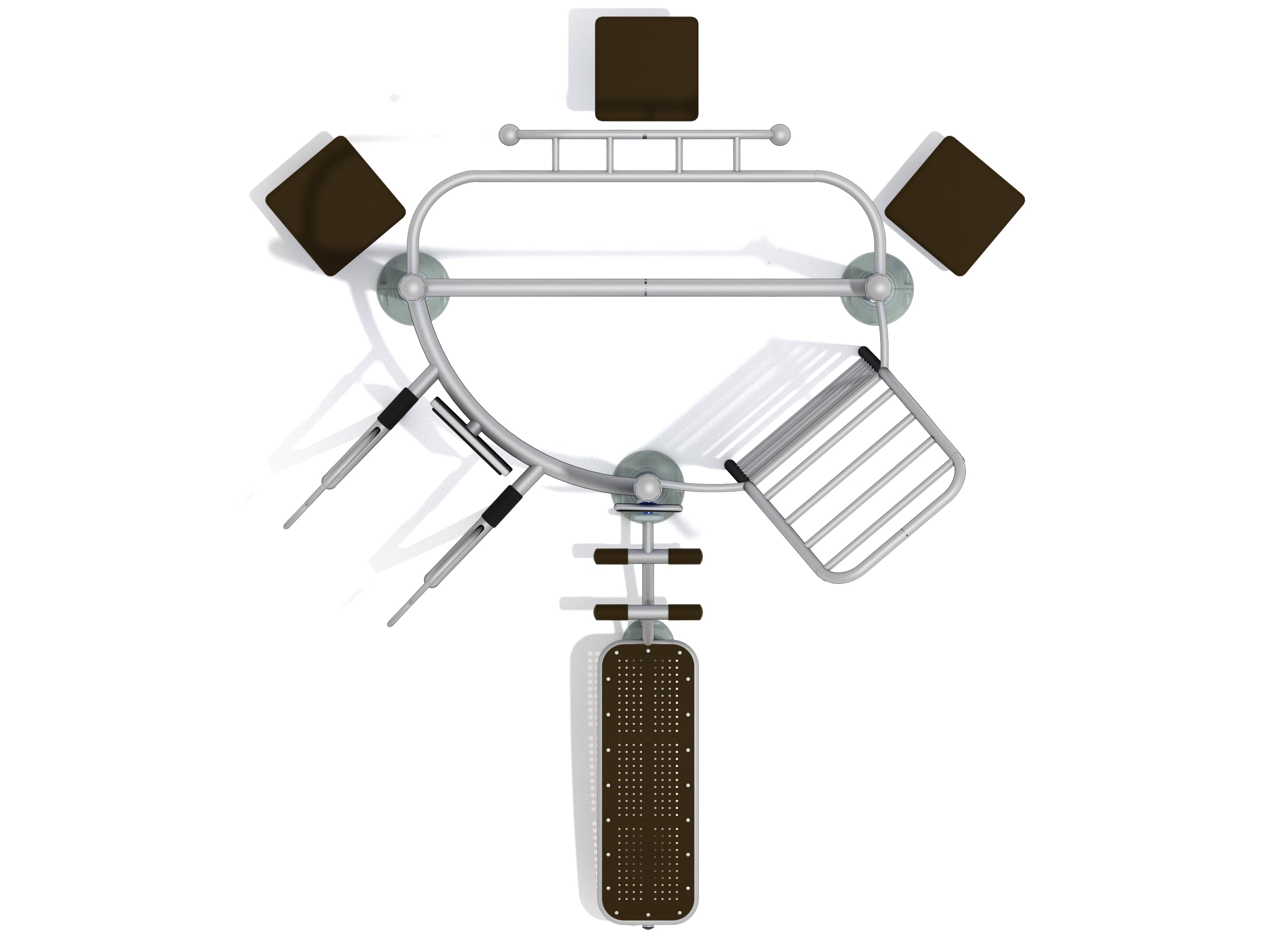 Overhead view of galvanized steel outdoor gym with dip station, ladder climber, chin-up bars, and workout benches