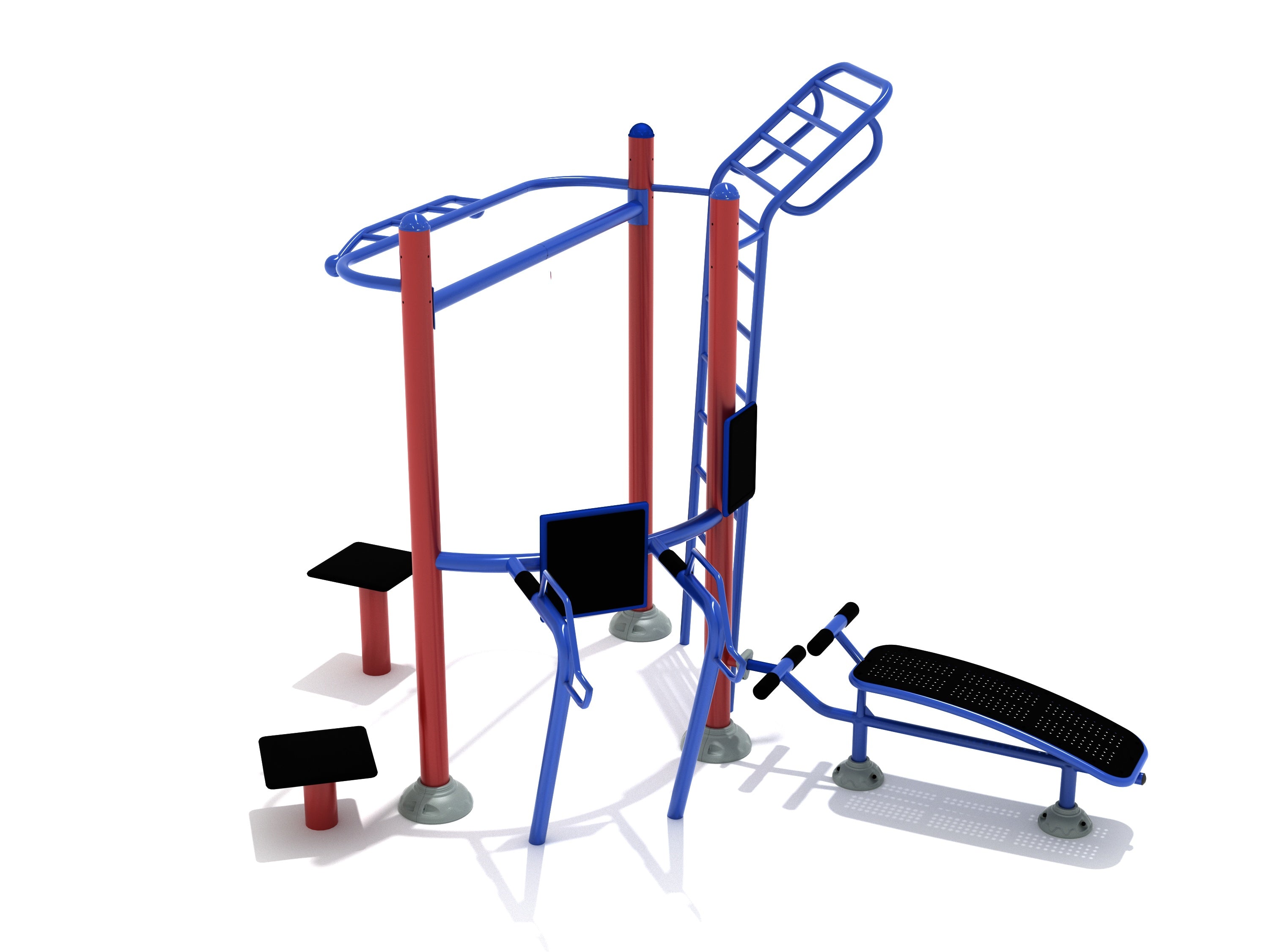 Outdoor fitness station with dip bars, ladder climber, chin-up bars, and angled bench in blue and red steel