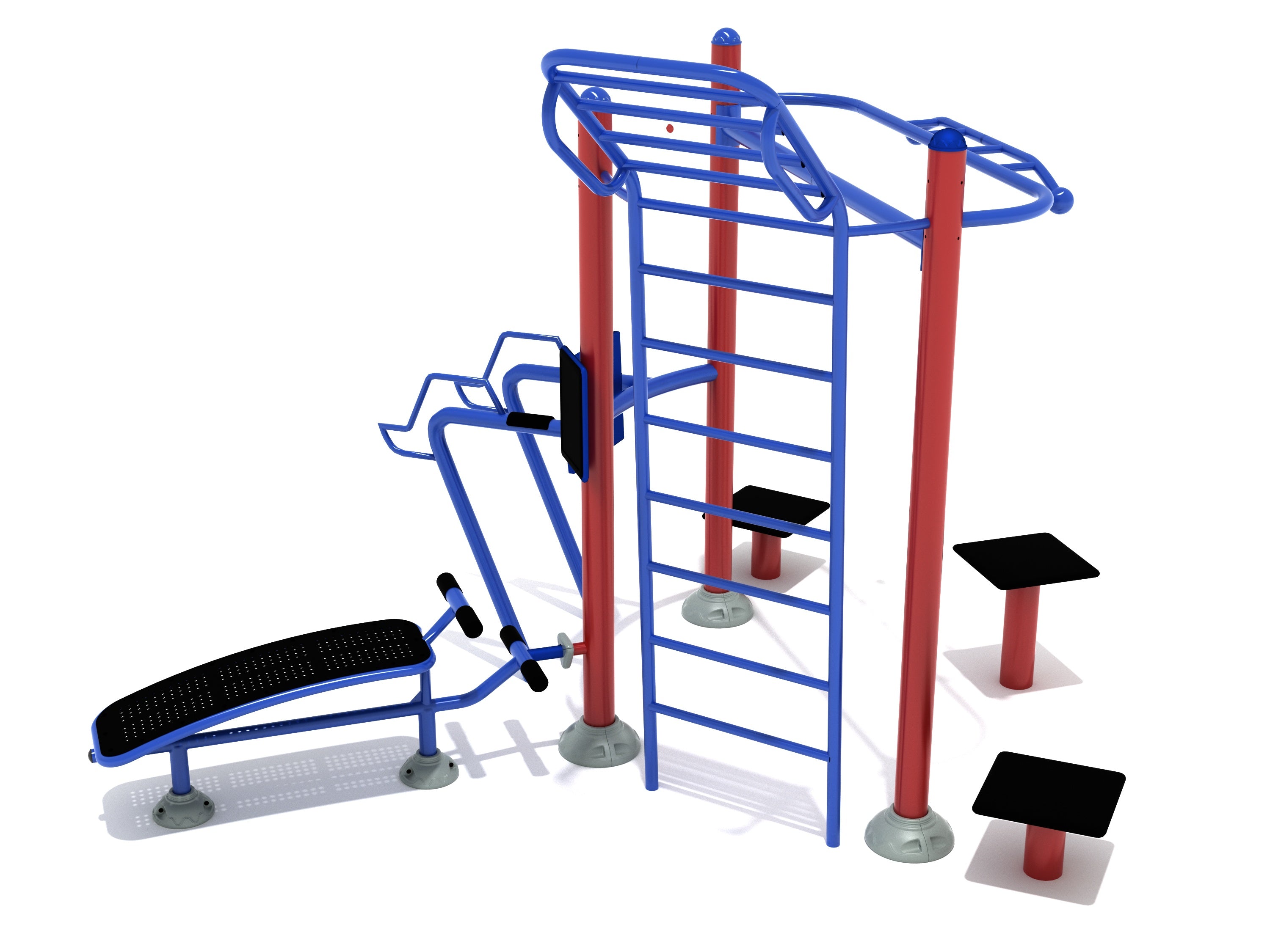 Outdoor fitness station with blue and red galvanized steel frame, ladder climber, dip bars, chin-up bars, and workout benches