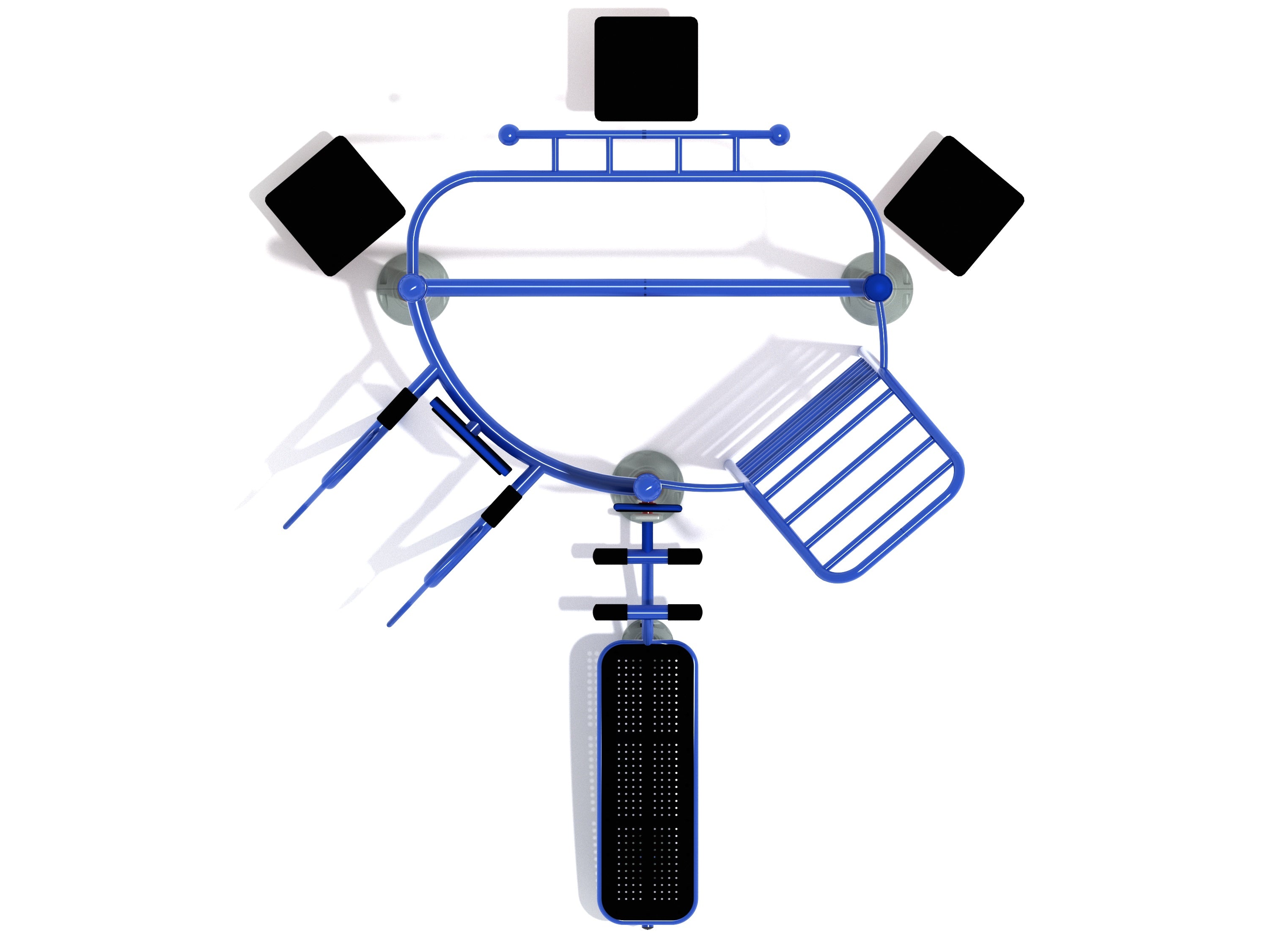Overhead view of blue outdoor fitness gym with dip station, ladder climber, chin-up bars, and workout bench