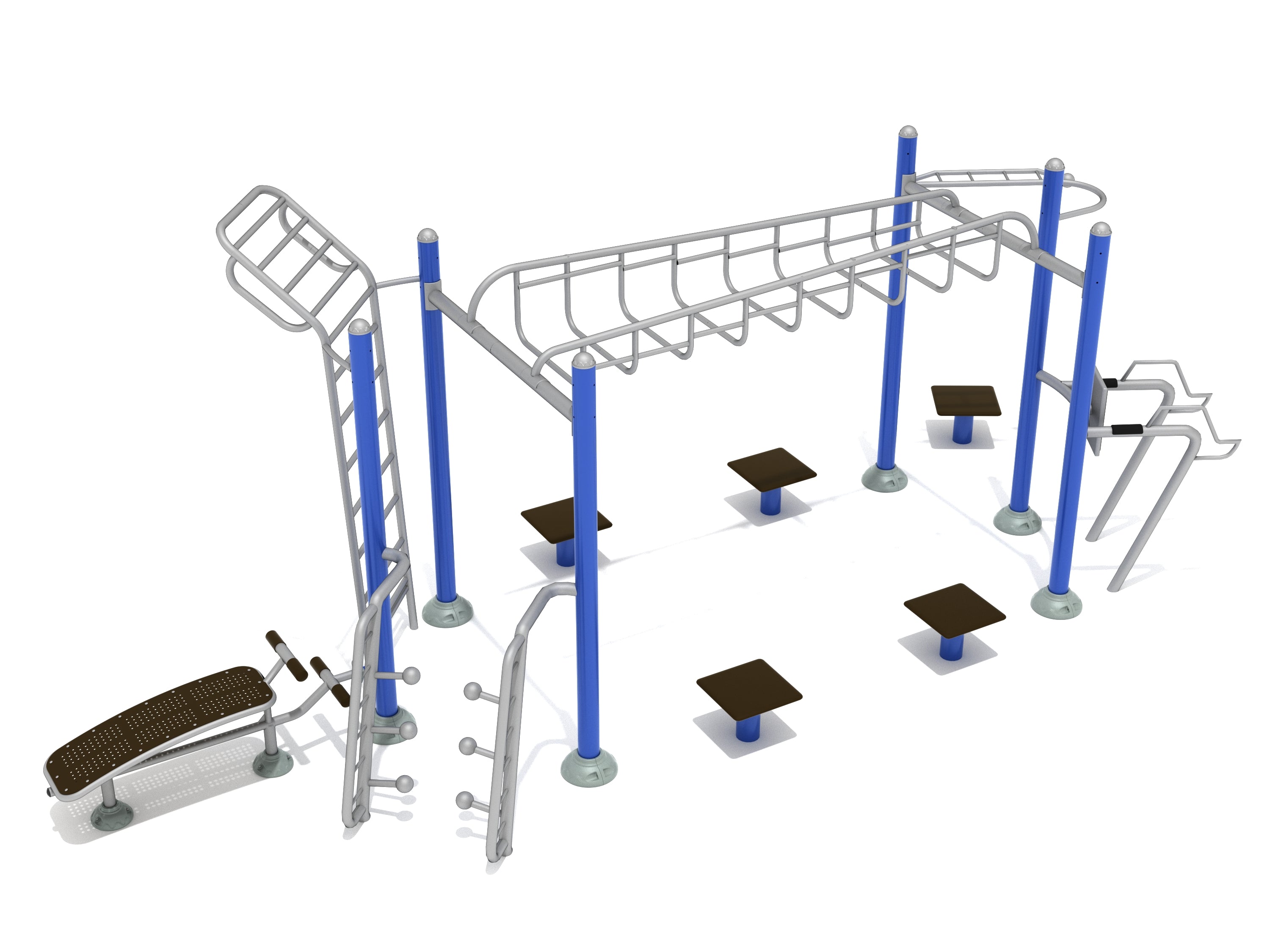 Advanced Playground Gym outdoor workout equipment with overhead bars, sit-up bench, dip station, ladder, and stepping platforms.