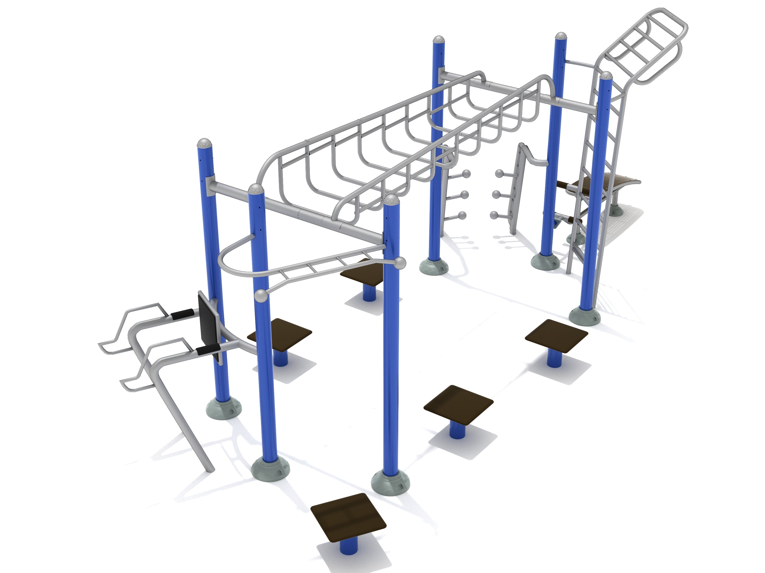 Outdoor fitness station with blue posts, overhead bars, dip station, sit-up bench, ladder, and climbing elements