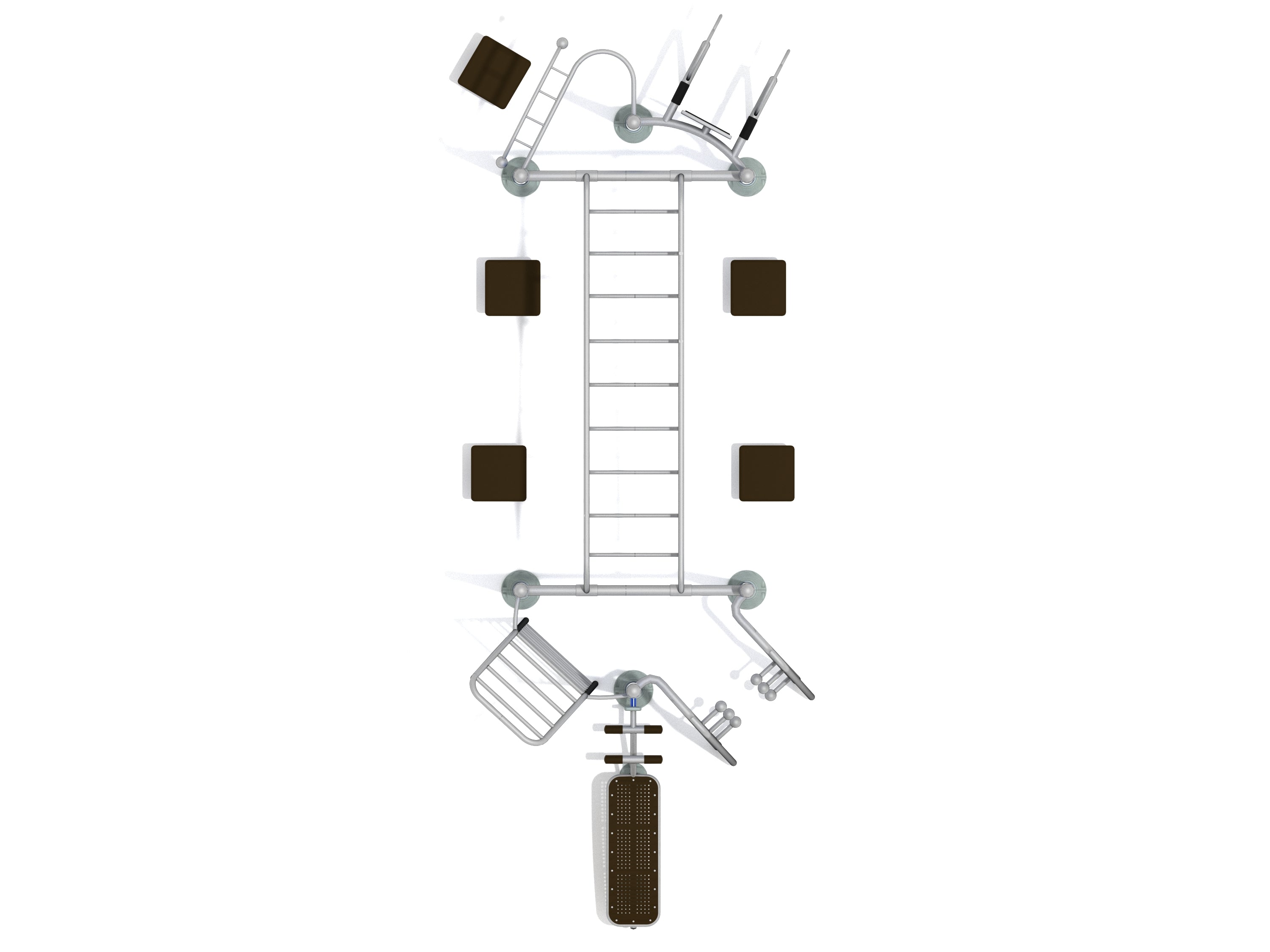 Overhead view of outdoor fitness station with pull-up bars, sit-up bench, dip station, ladder, and workout platforms