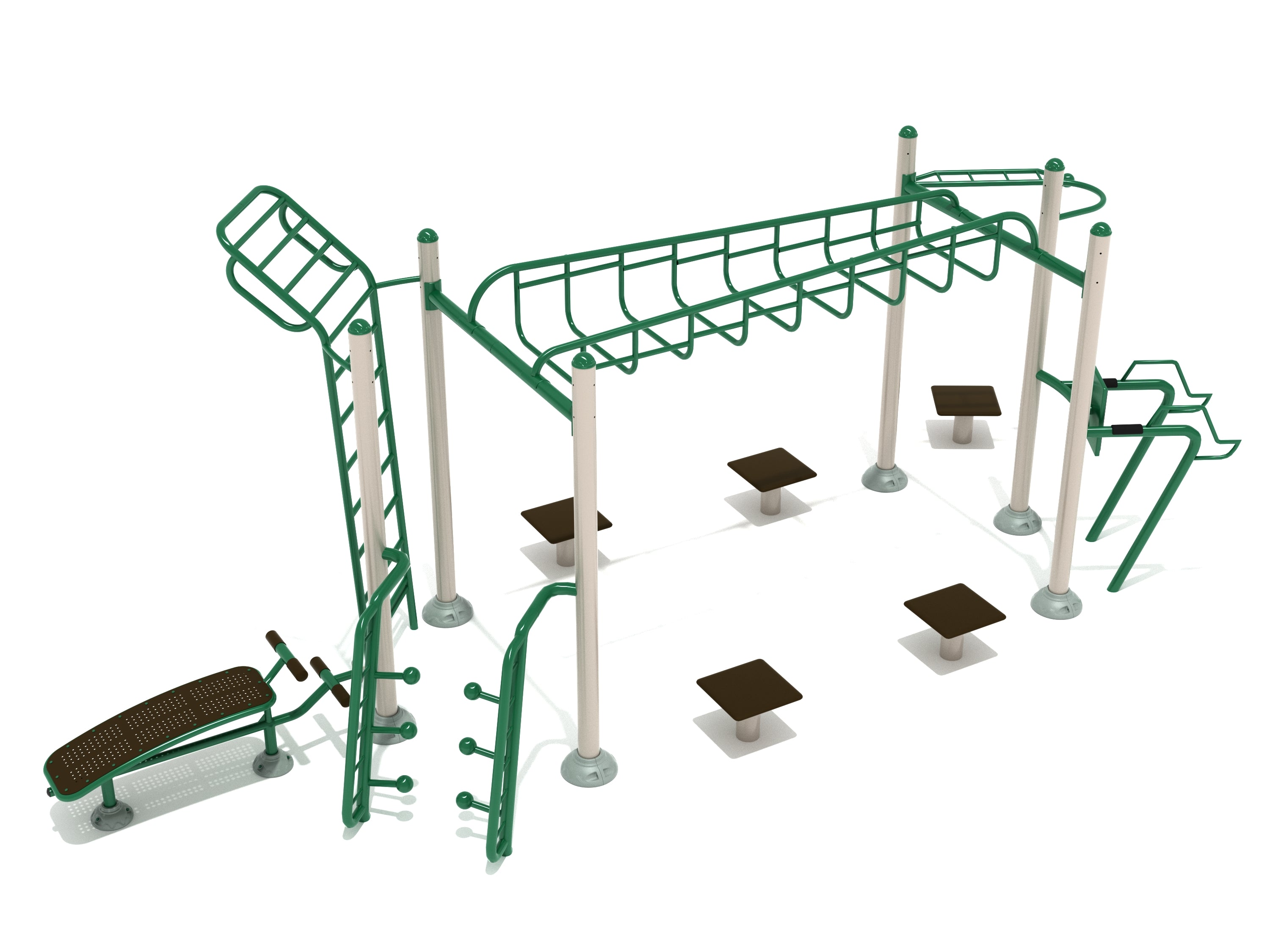 Outdoor fitness station with overhead bars, sit-up bench, dip station, ladder, and stepping platforms for strength and agility training