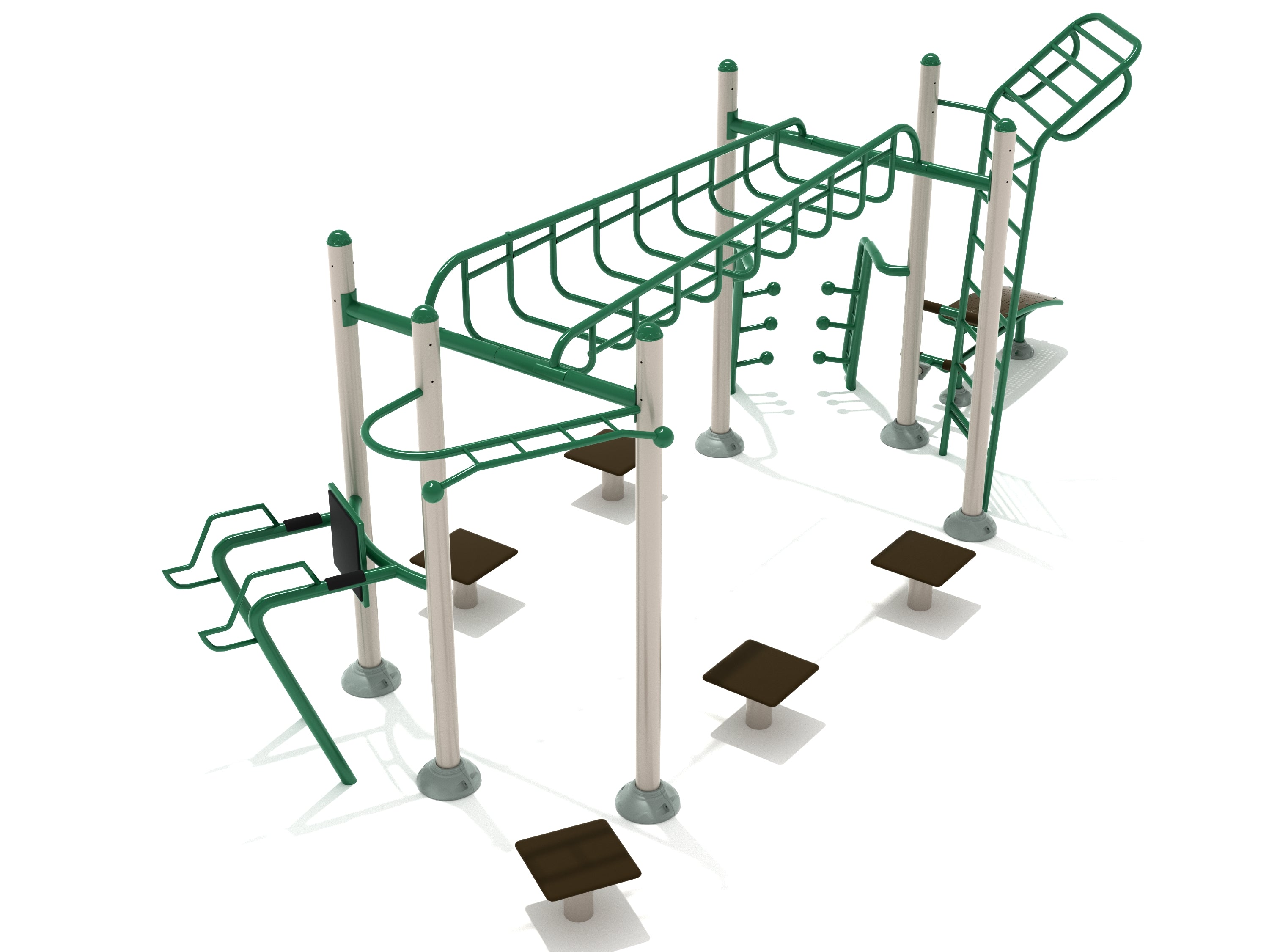 Outdoor fitness station with green and beige overhead bars, dip station, sit-up bench, ladder, and climbing features.