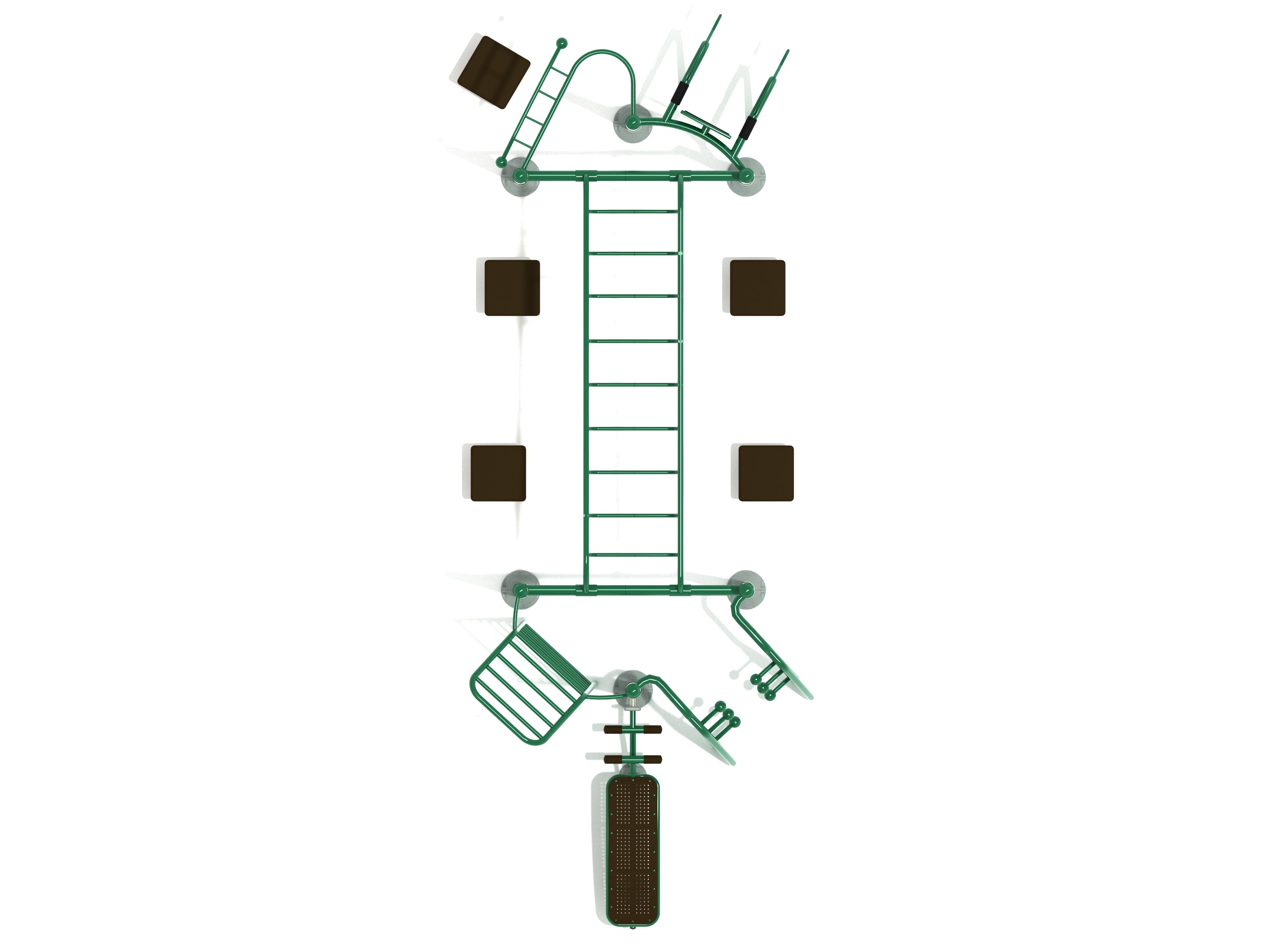 Overhead view of green outdoor fitness station with pull-up bars, sit-up bench, dip station, ladder, and climbing elements
