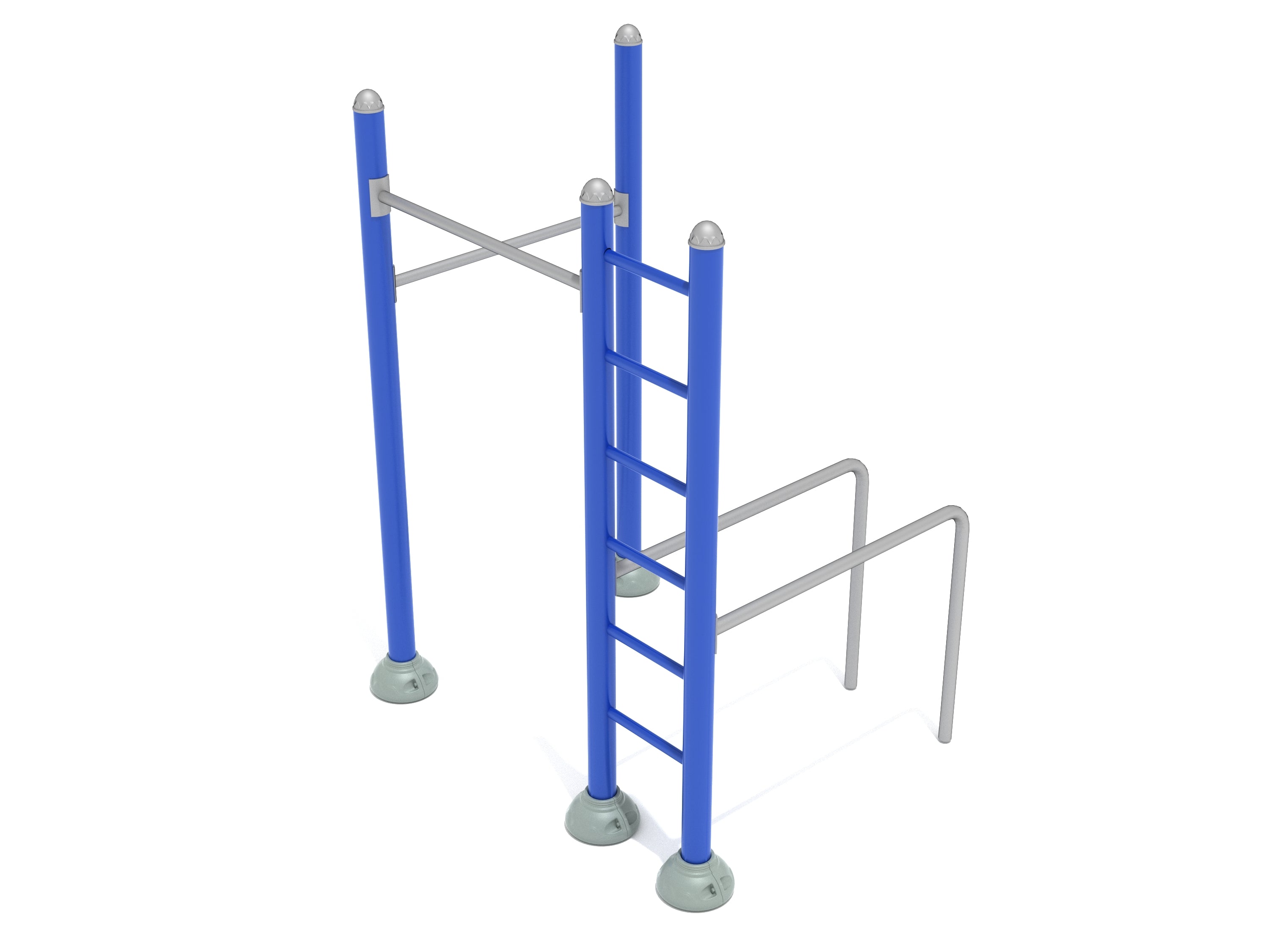 Outdoor workout station with blue vertical bars, horizontal ladder, and parallel silver bars for strength training