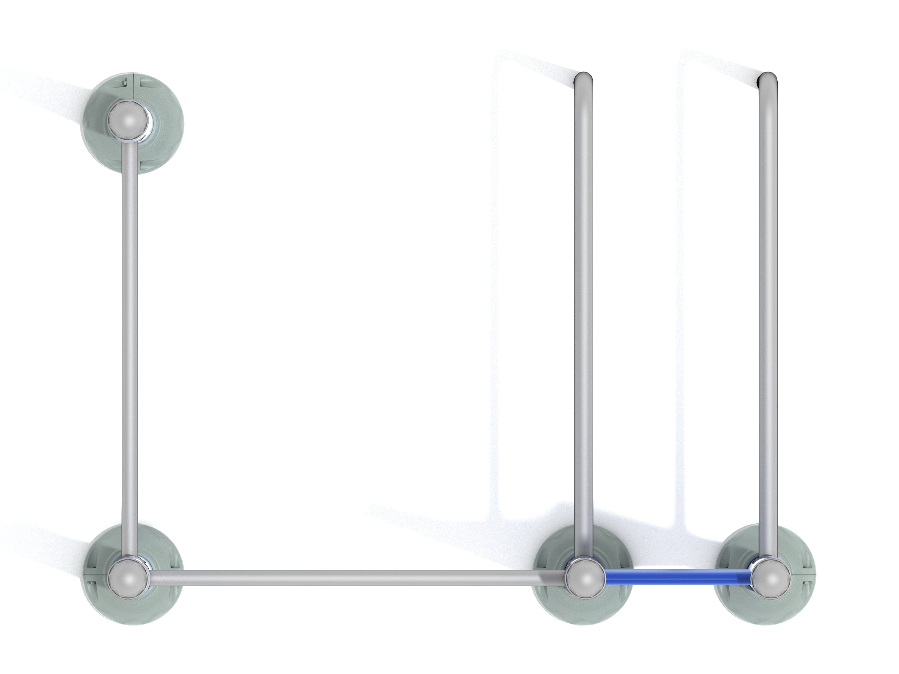 Overhead view of compact outdoor fitness station with galvanized steel bars and four distinct exercise zones, including one blue bar