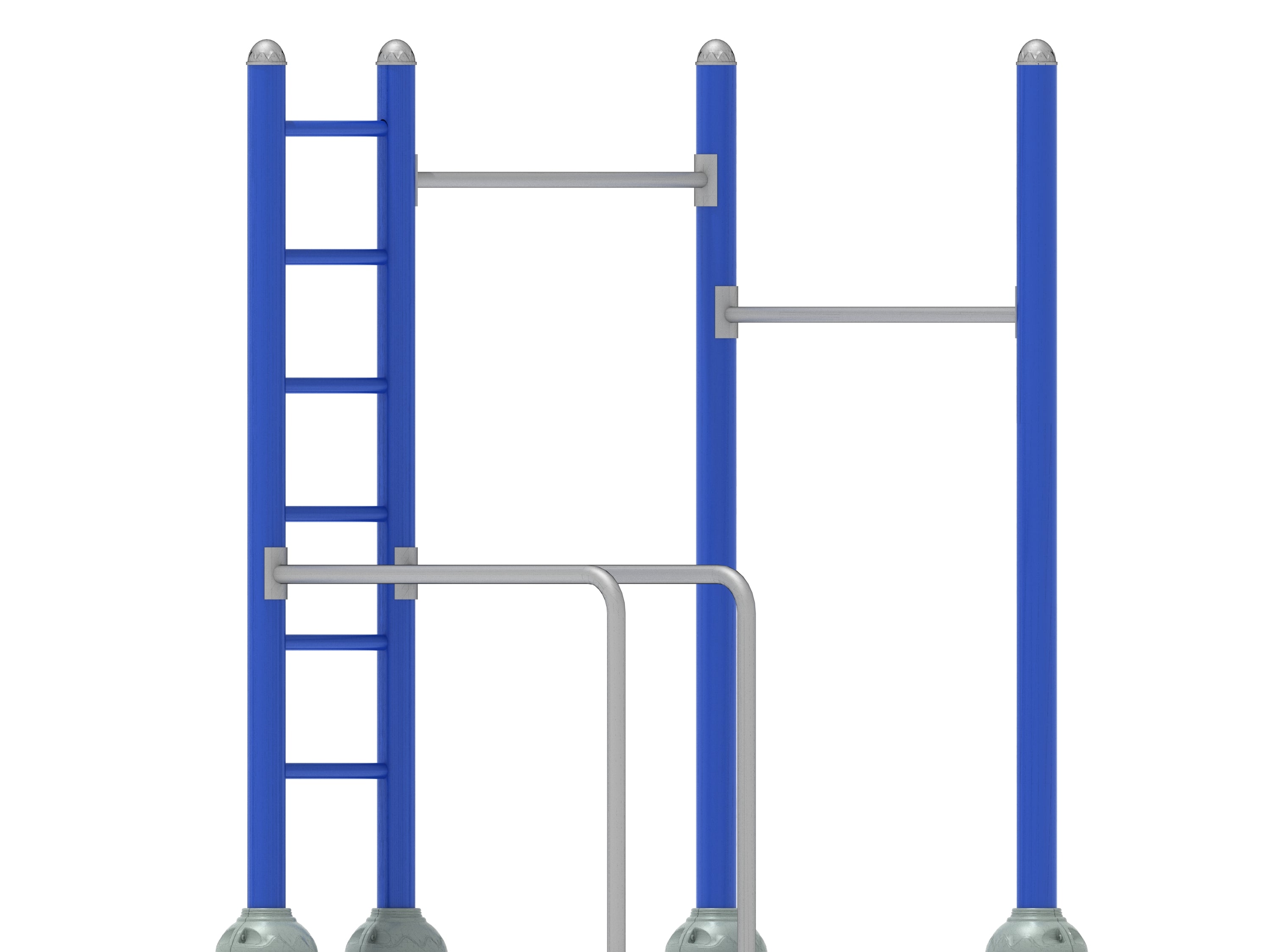 Outdoor workout station with blue vertical posts and silver galvanized steel bars for strength training