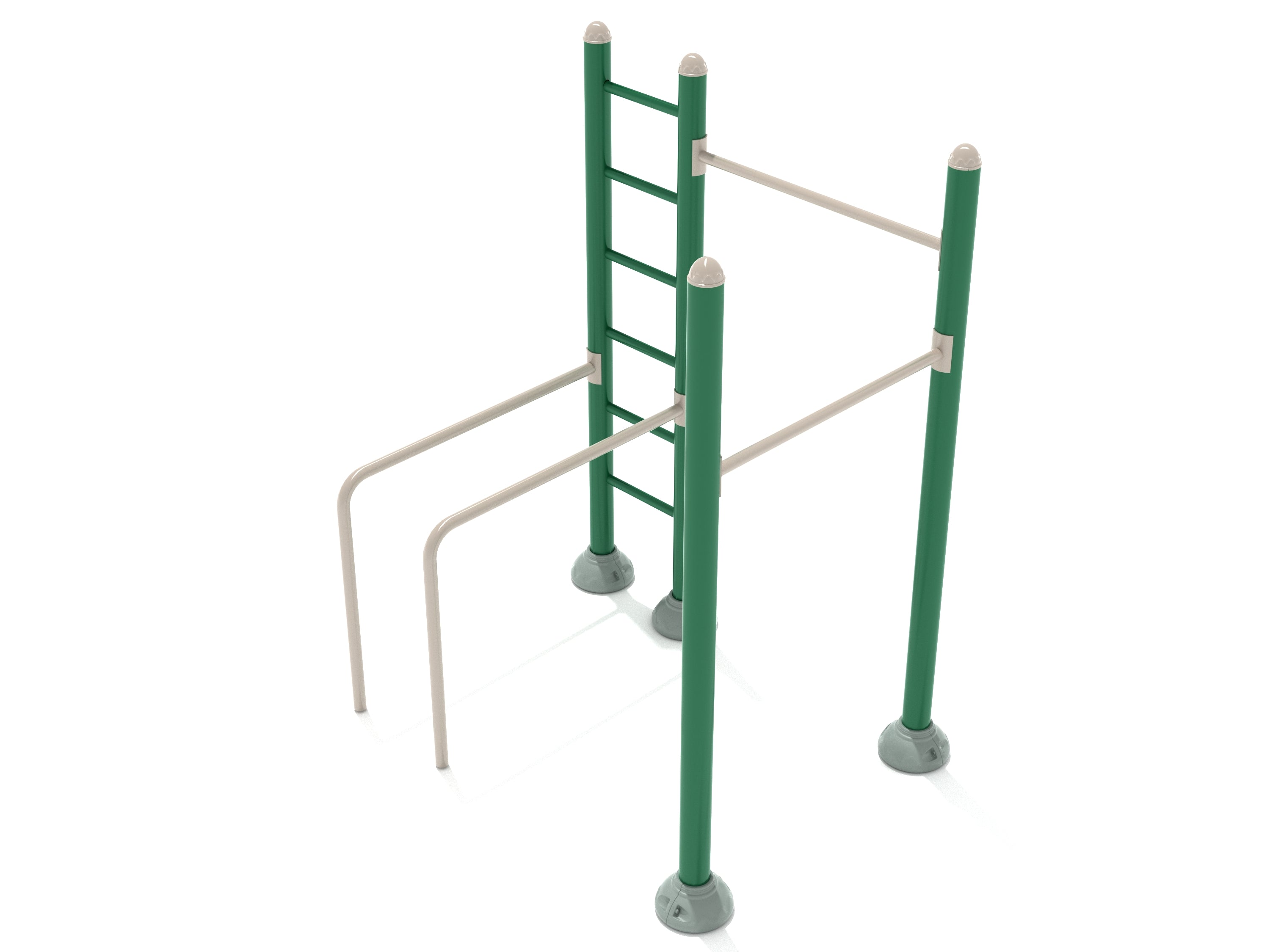 Outdoor workout station with green vertical posts, horizontal bars, and ladder-style climbing rungs for strength training