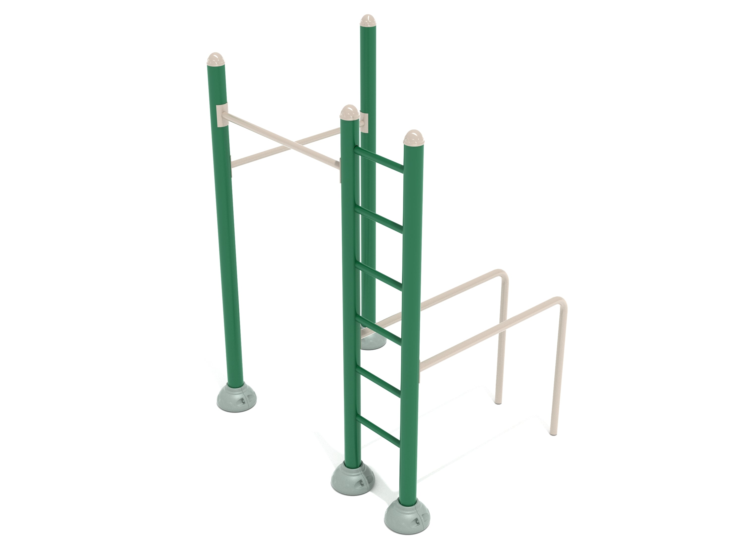 Outdoor workout station with green vertical bars, horizontal ladder, and parallel bars for strength training