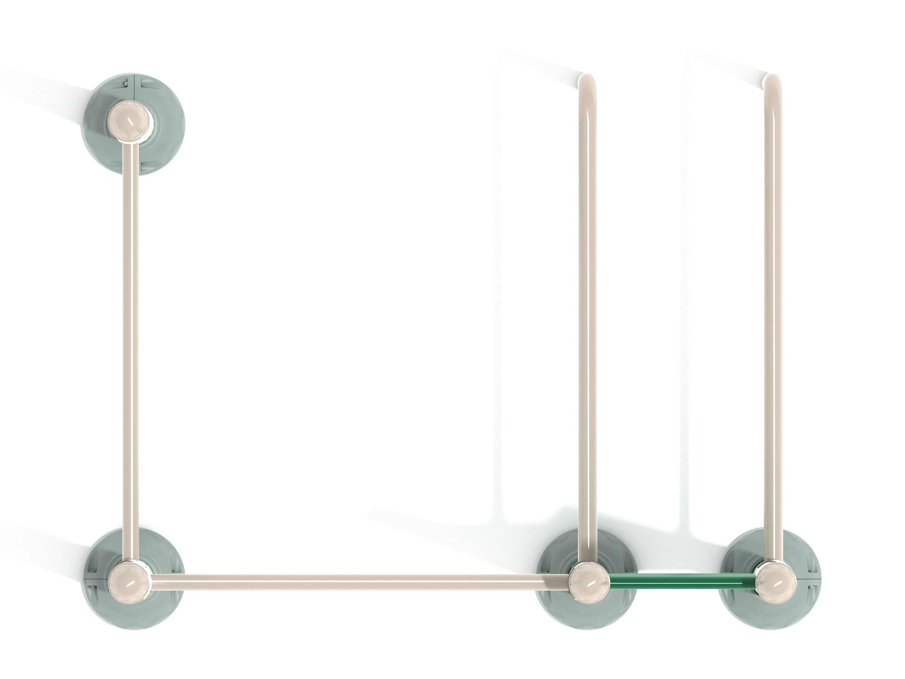 Overhead view of compact outdoor fitness station with four beige and green exercise bars for multiple users