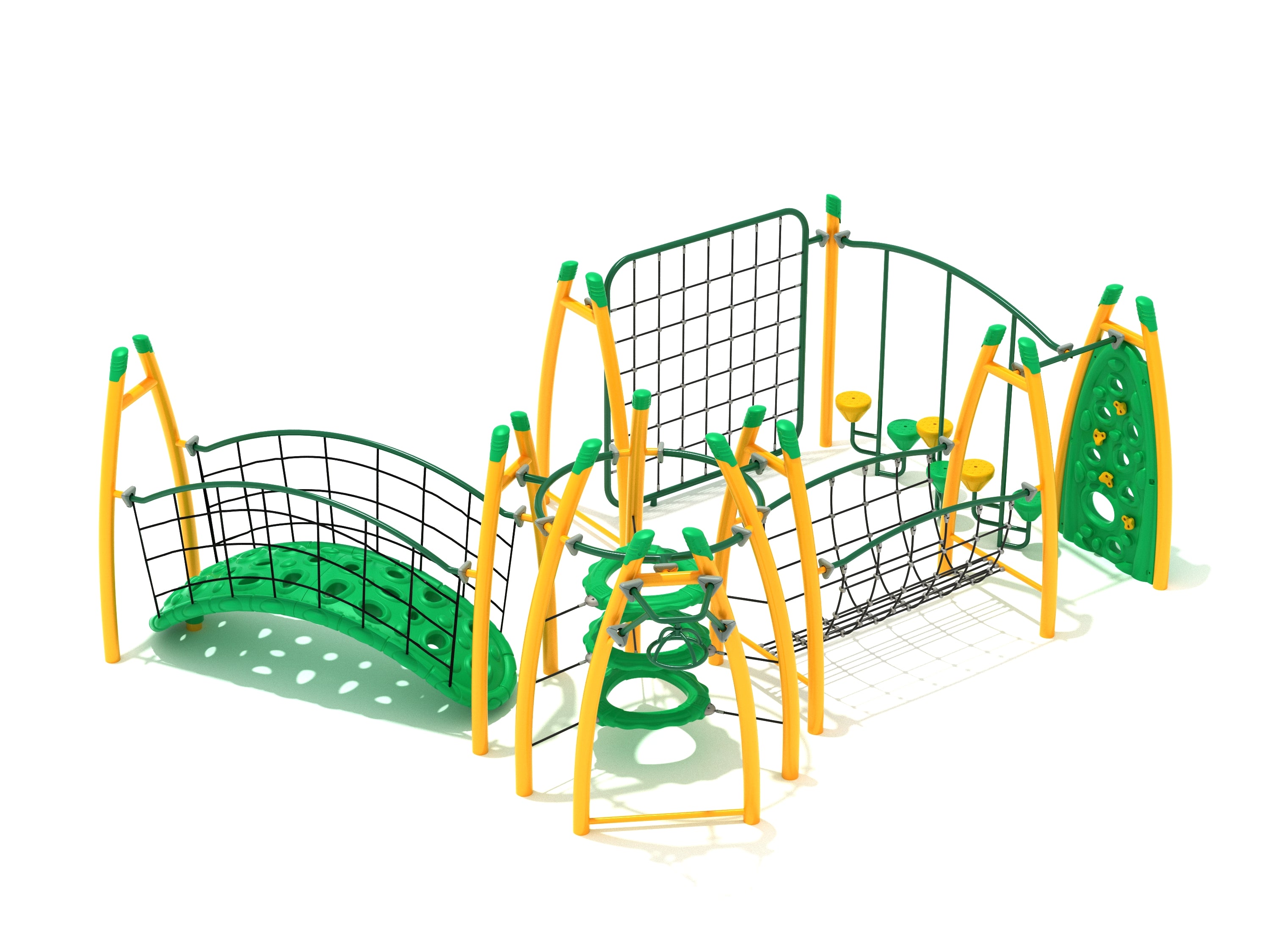 Outdoor fitness playground with green and yellow climbing nets, balance beams, and stepping pods for active play and skill-building.