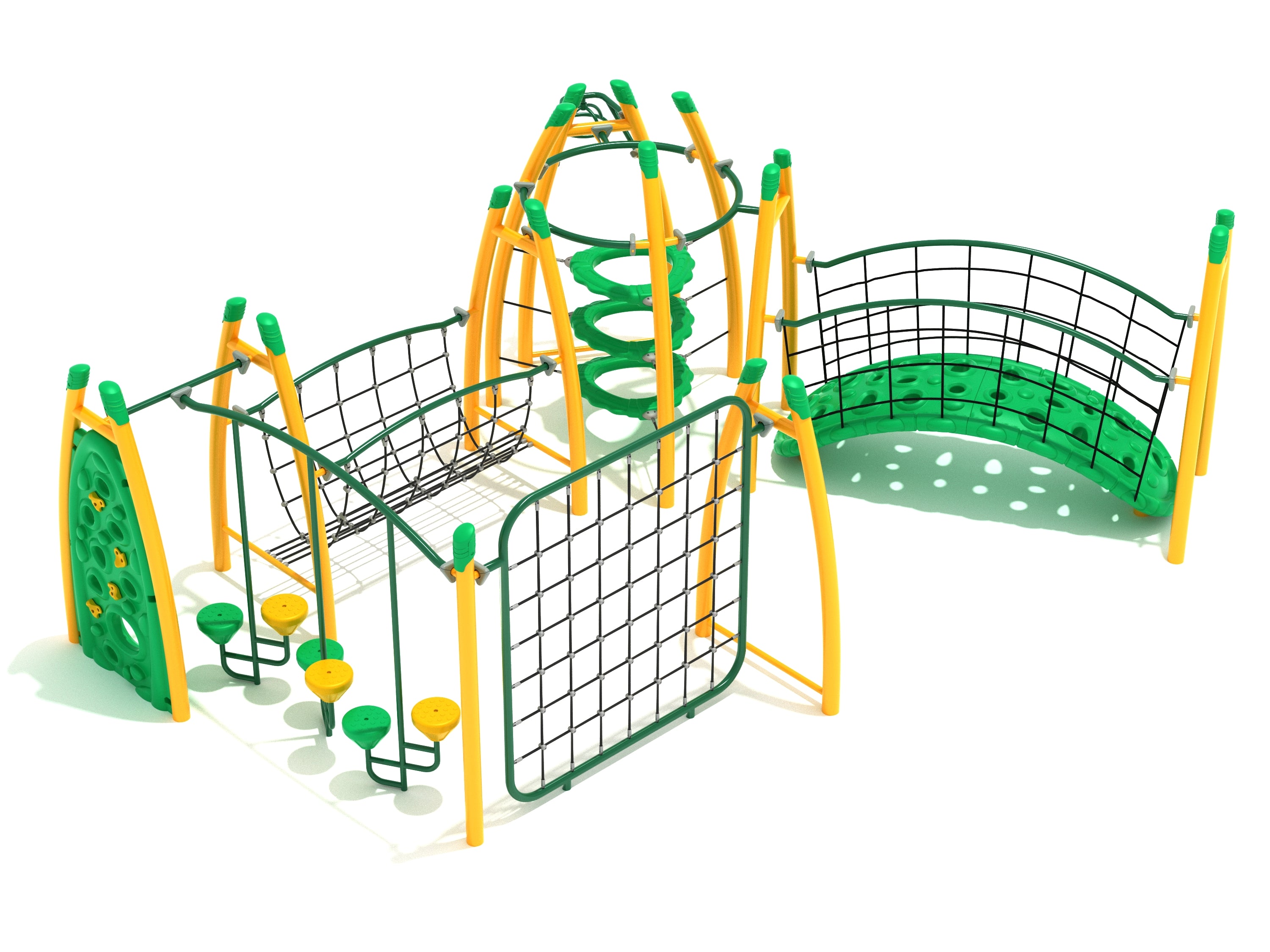 Magnet Cove Fitness Course Playground with green and yellow climbing nets, stepping pods, and balance bridge for active play