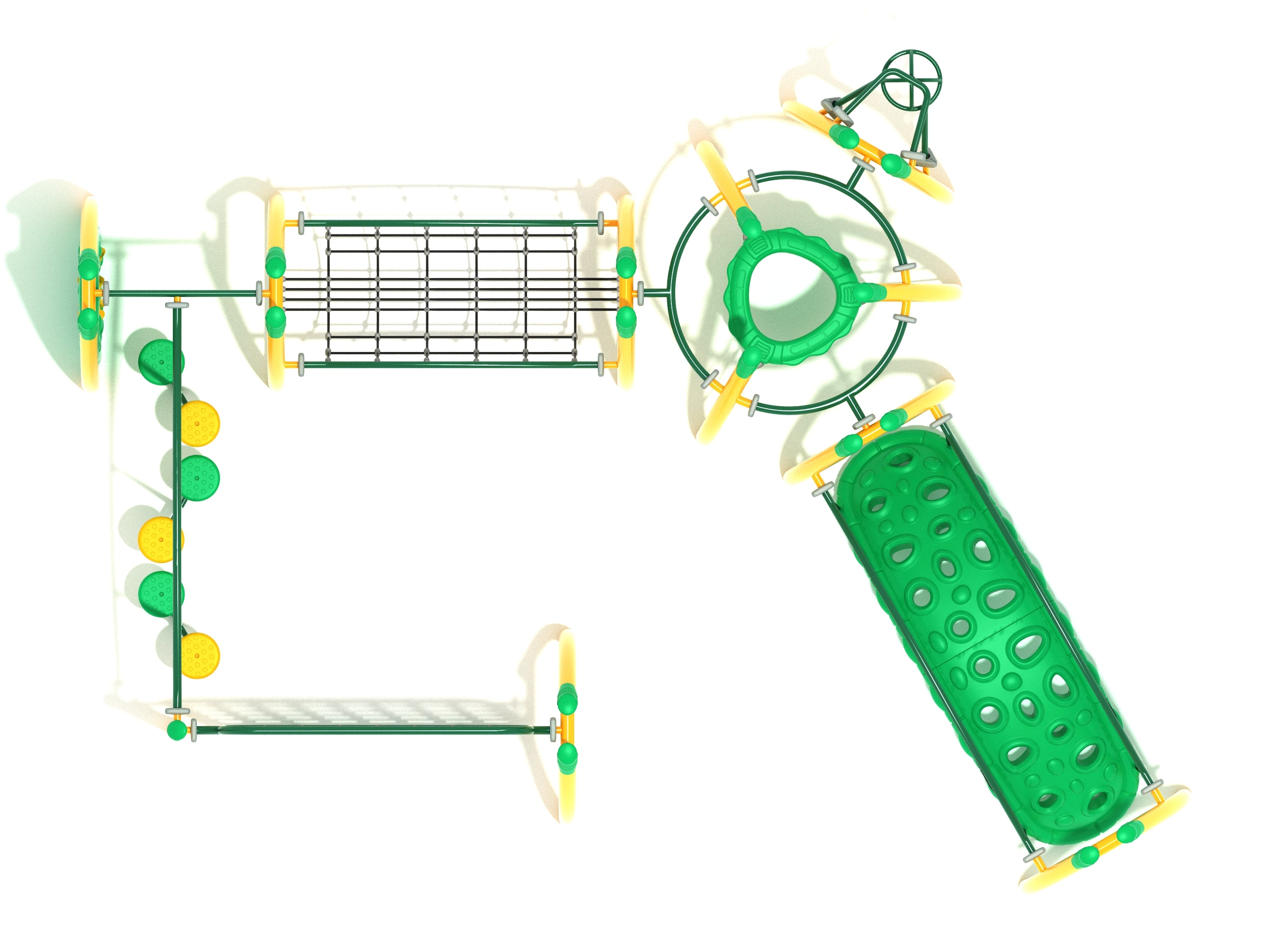 Overhead view of a green and yellow modular playground fitness course with climbing nets, balance pods, and a spinner