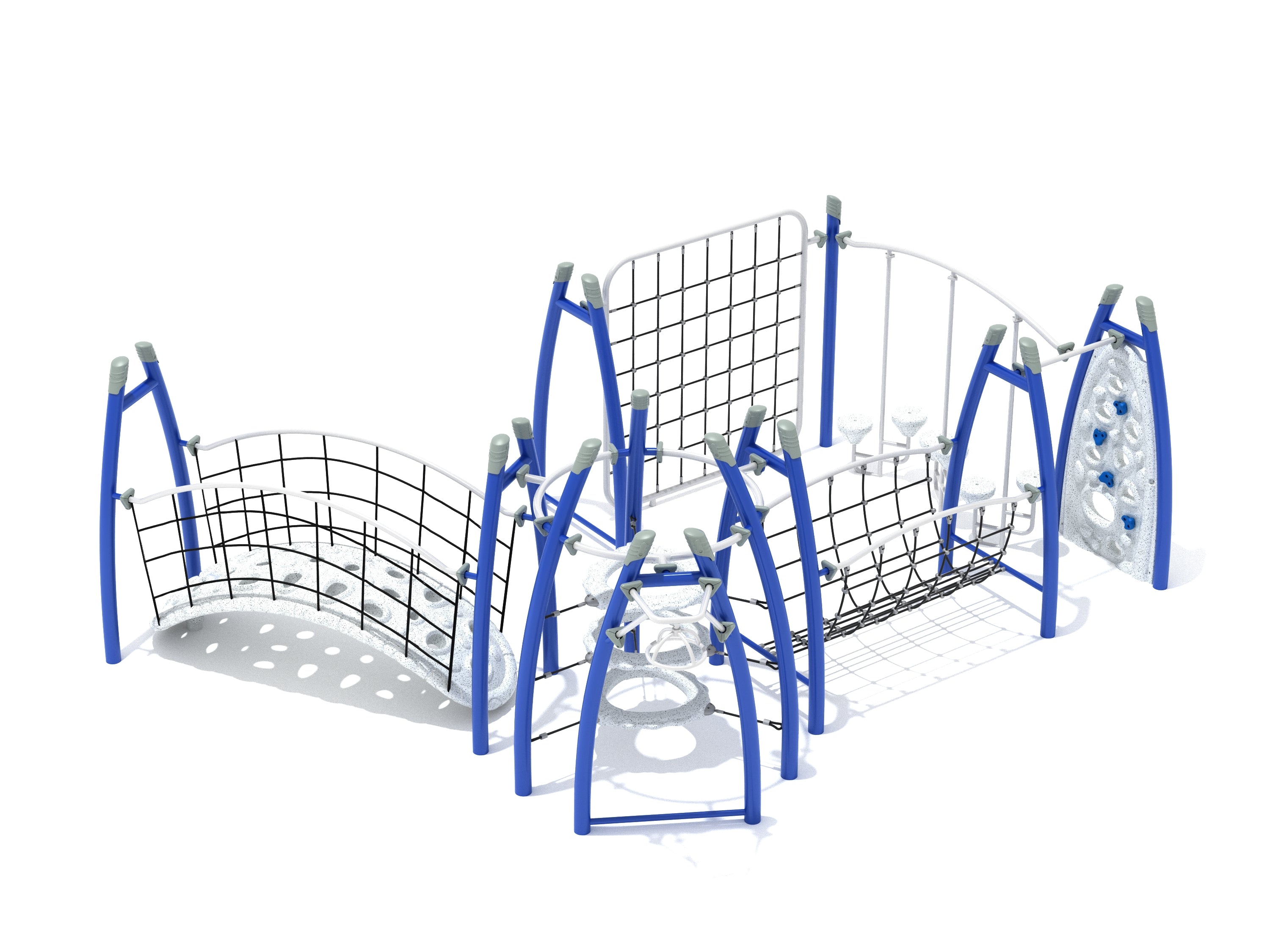 Overhead view of blue and white playground fitness course with climbing nets, rings, balance pods, and spinning elements