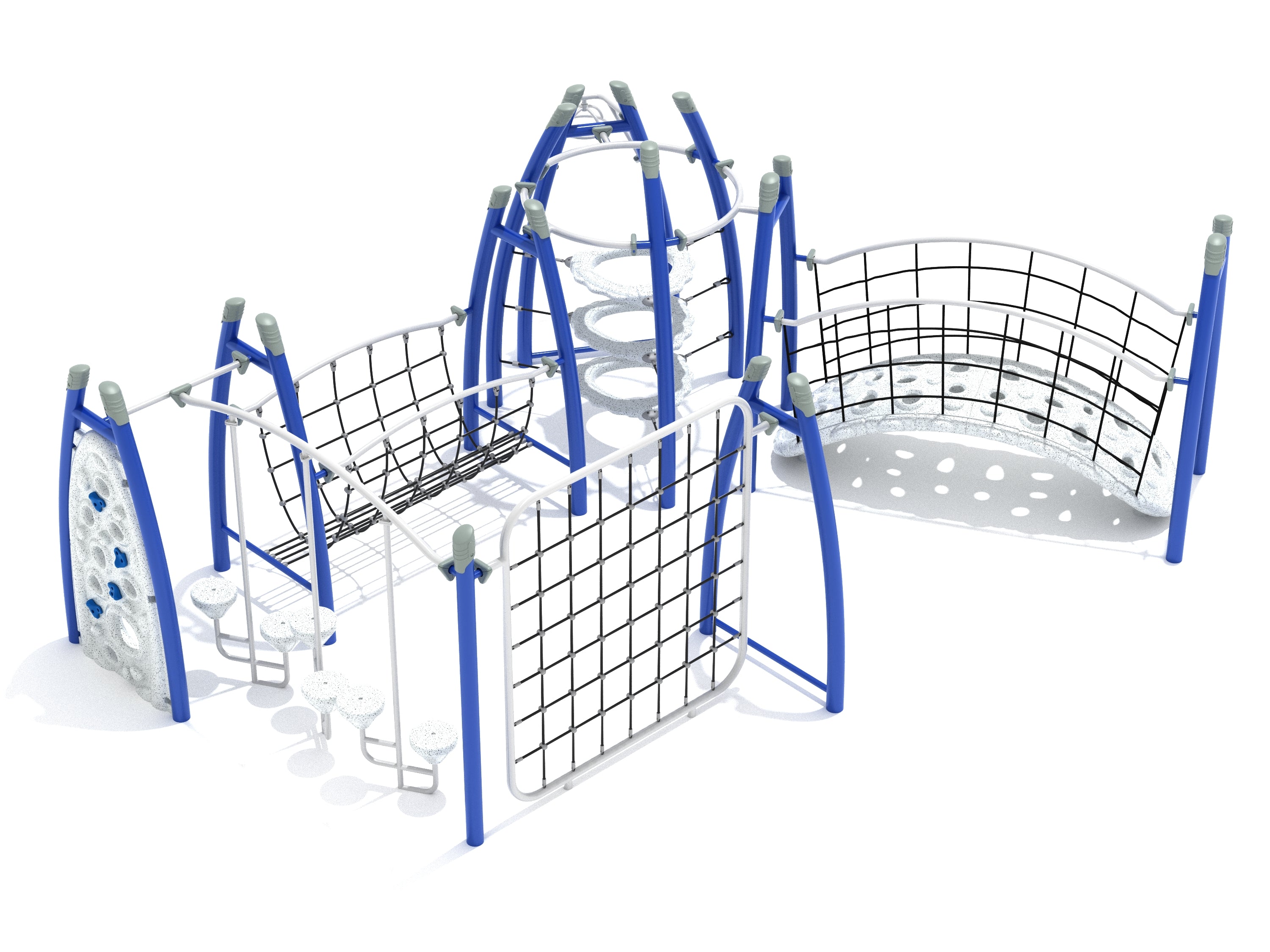 Blue and white outdoor climbing playground with nets, stepping pods, spiral rings, and balance challenges