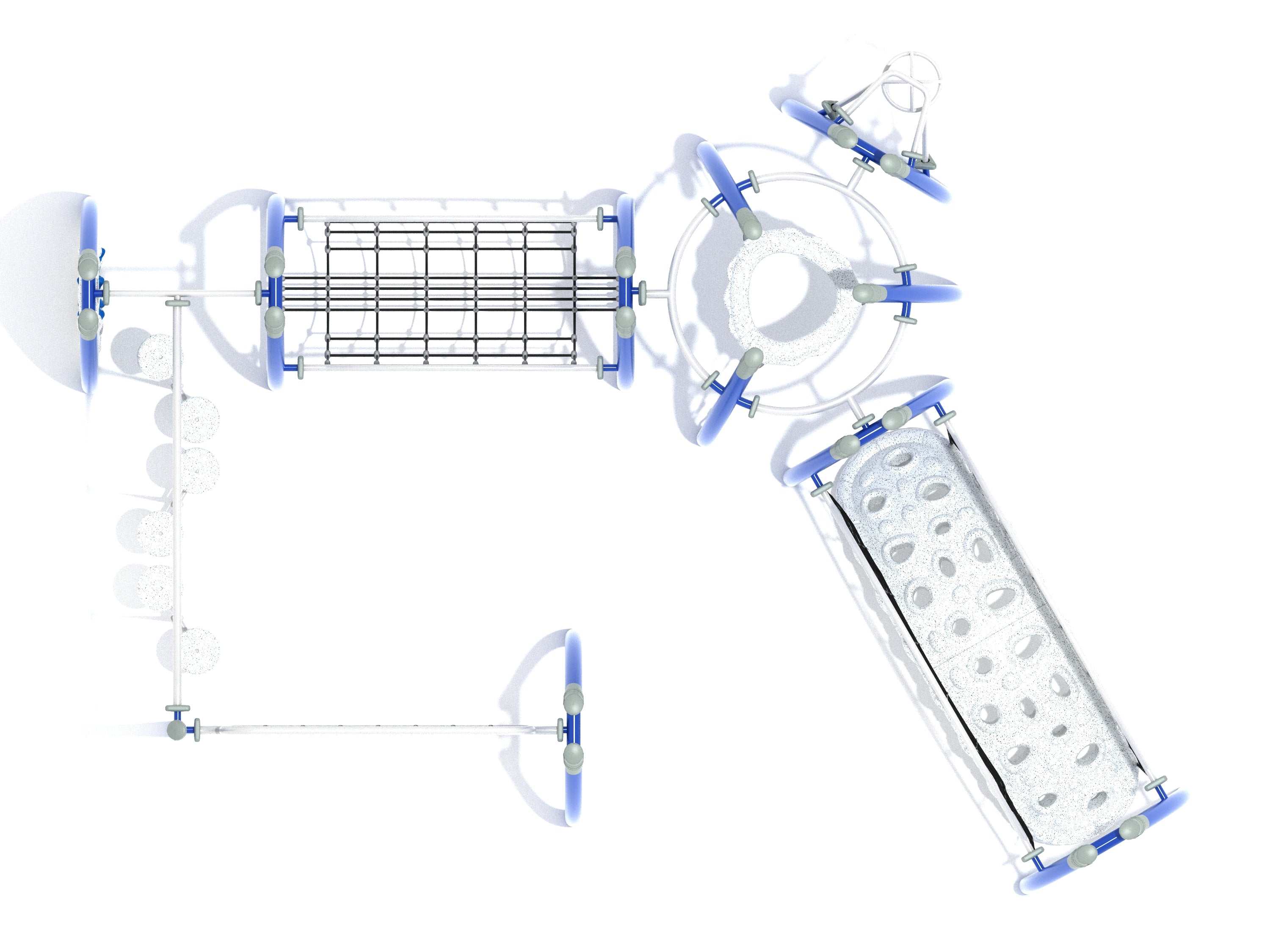 Overhead view of blue and white outdoor fitness playground with climbing nets, rings, balance elements, and spinning features