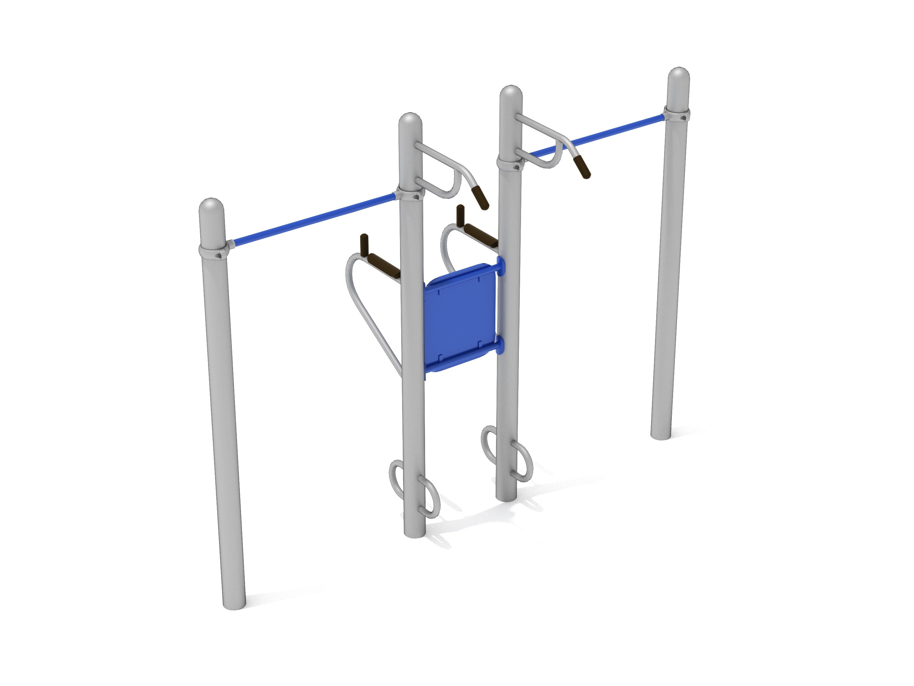 Pull and Dip Station outdoor workout equipment with four gray vertical posts, blue horizontal bars, and dip handles for multi-user strength training