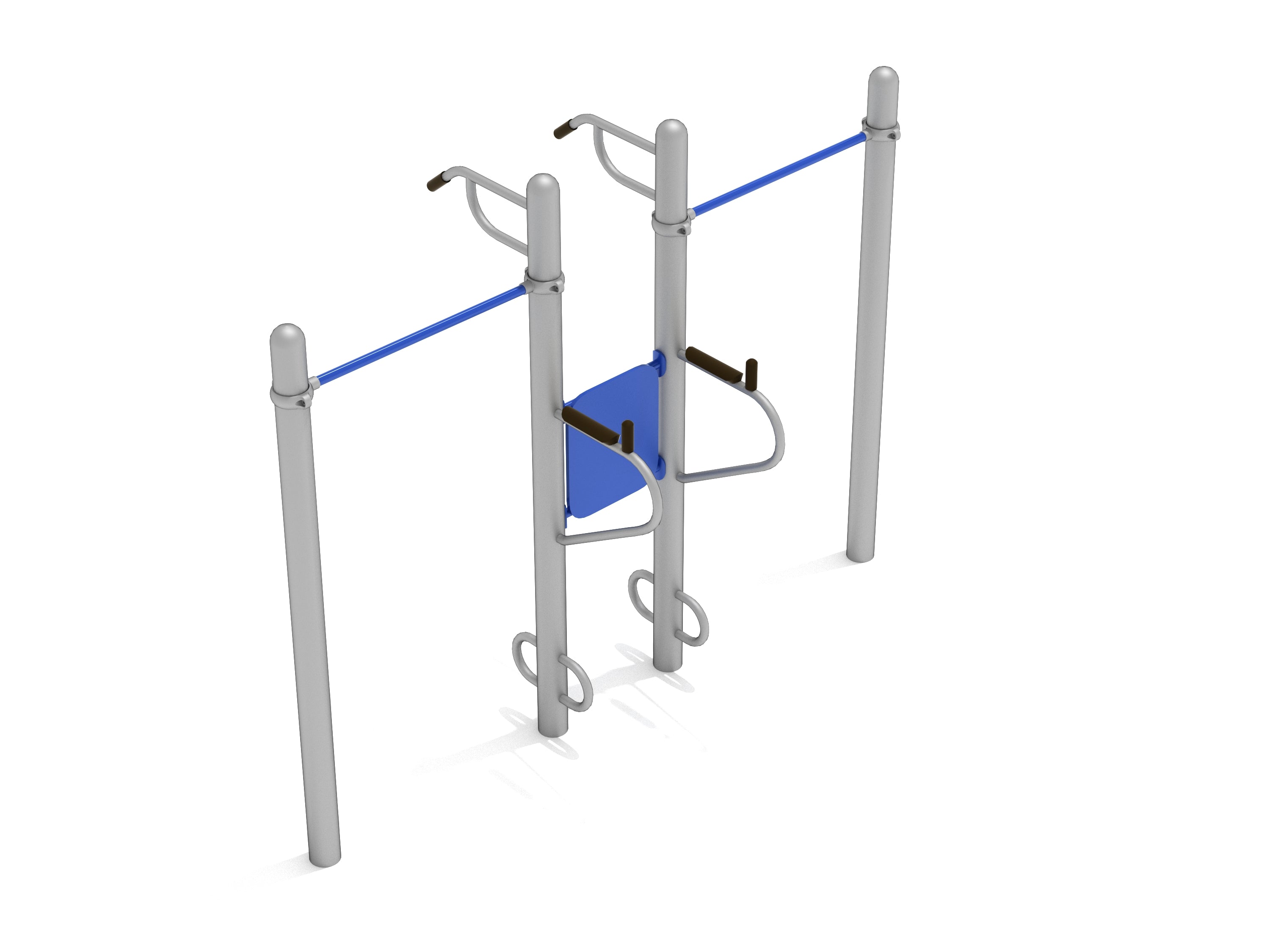 Outdoor workout station with multiple silver and blue pull-up bars and dip handles, angled view