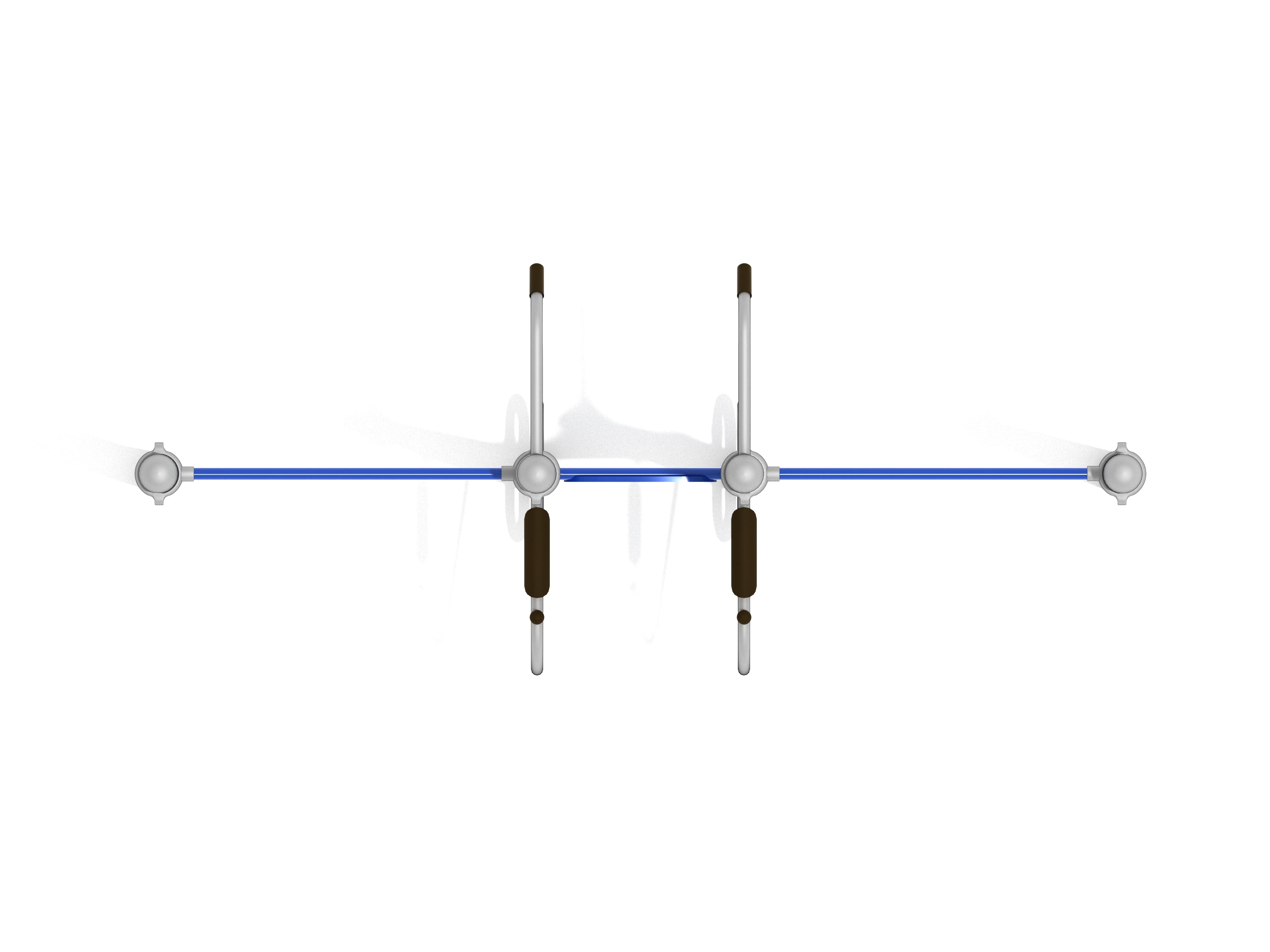 Overhead view of outdoor multi-user pull-up and dip station with blue bars and brown grips for strength training