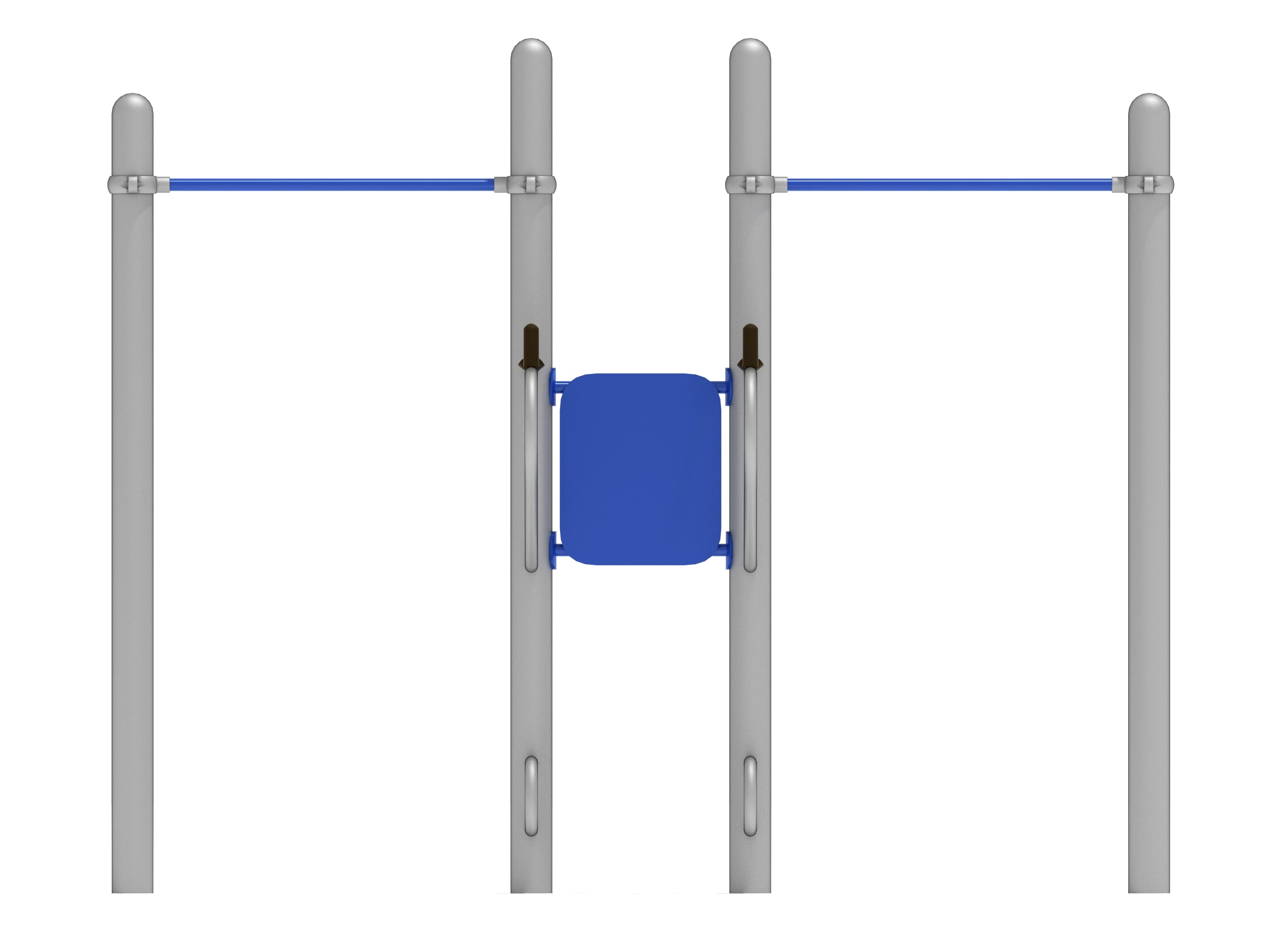Outdoor workout station with four vertical posts, two blue pull-up bars, and a central blue dip platform for strength training.