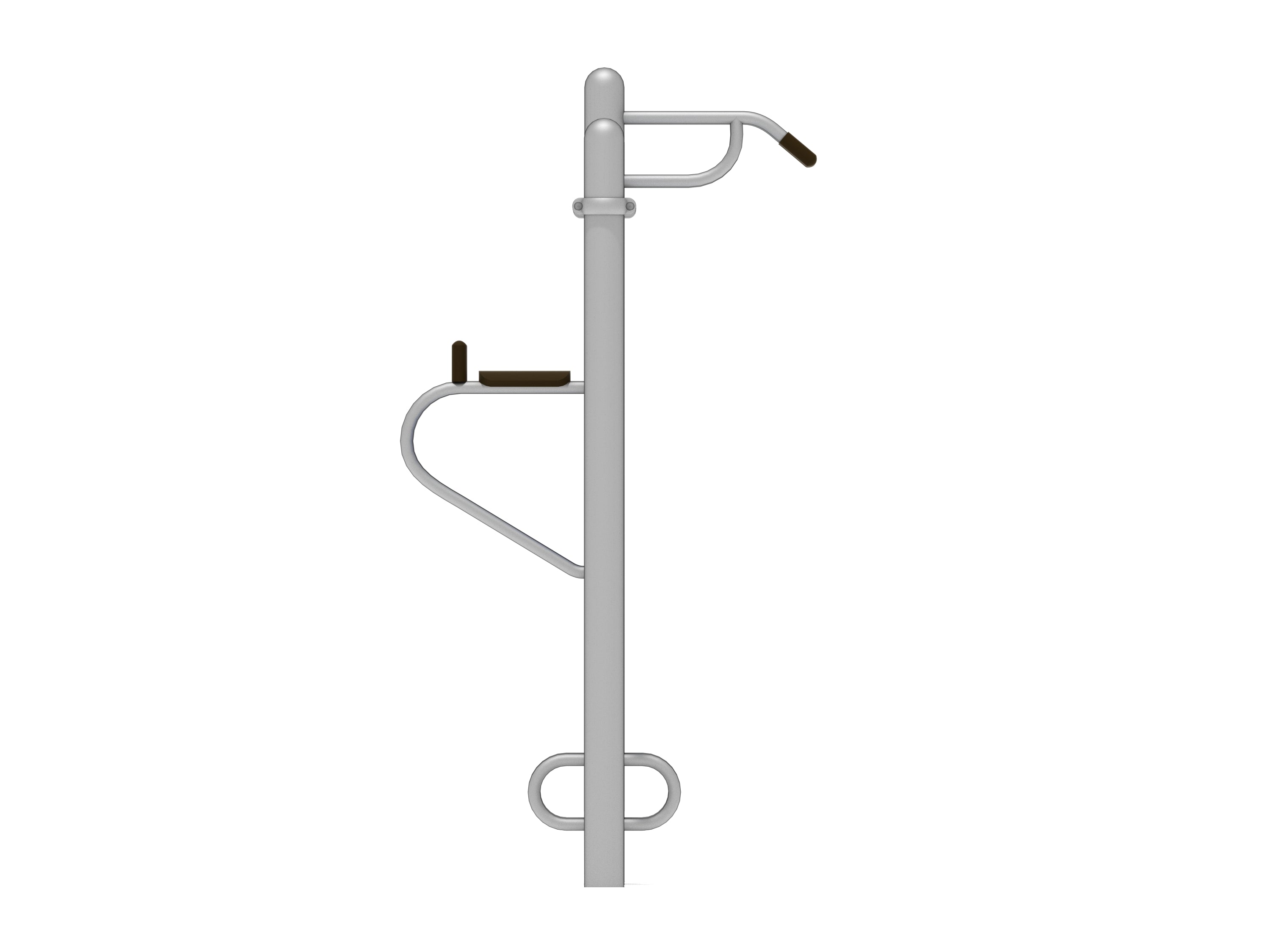 Outdoor pull-up and dip station with multiple grip bars and padded arm supports for upper body strength training