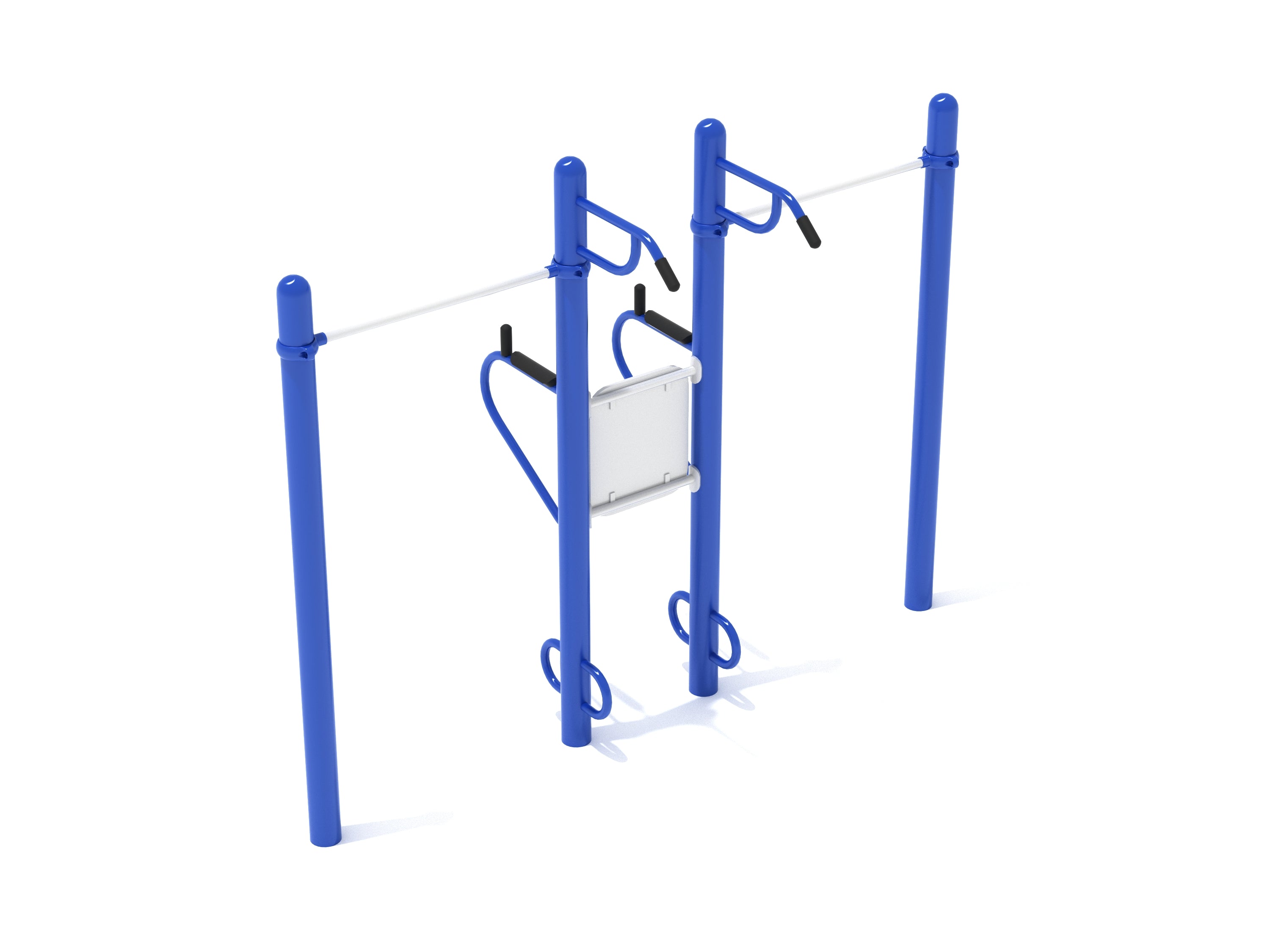 Blue and white outdoor pull-up and dip station with multiple bars and handles for upper body workouts
