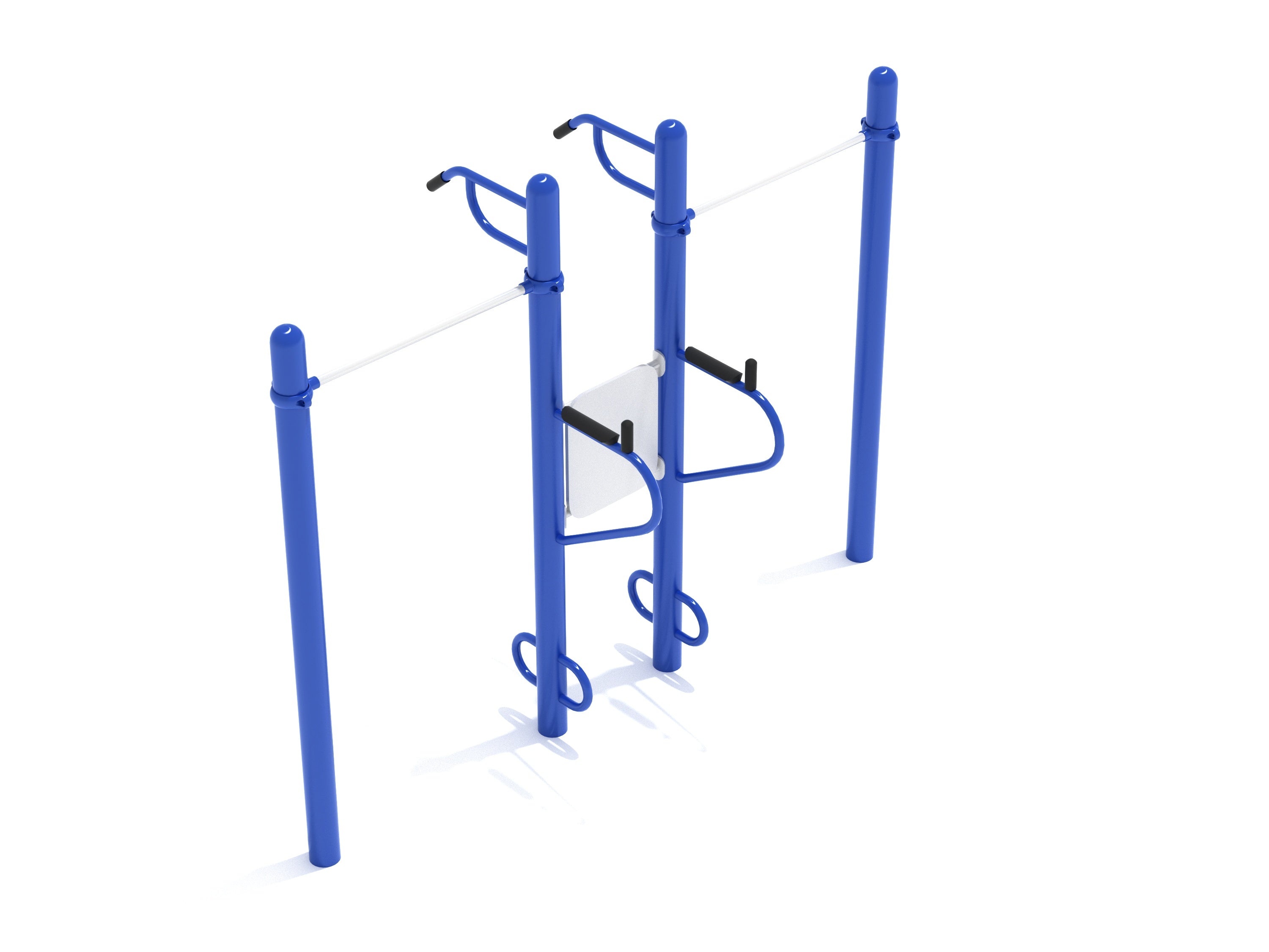 Blue outdoor pull-up and dip station with four workout areas including pull-up bars and dip handles, angled view
