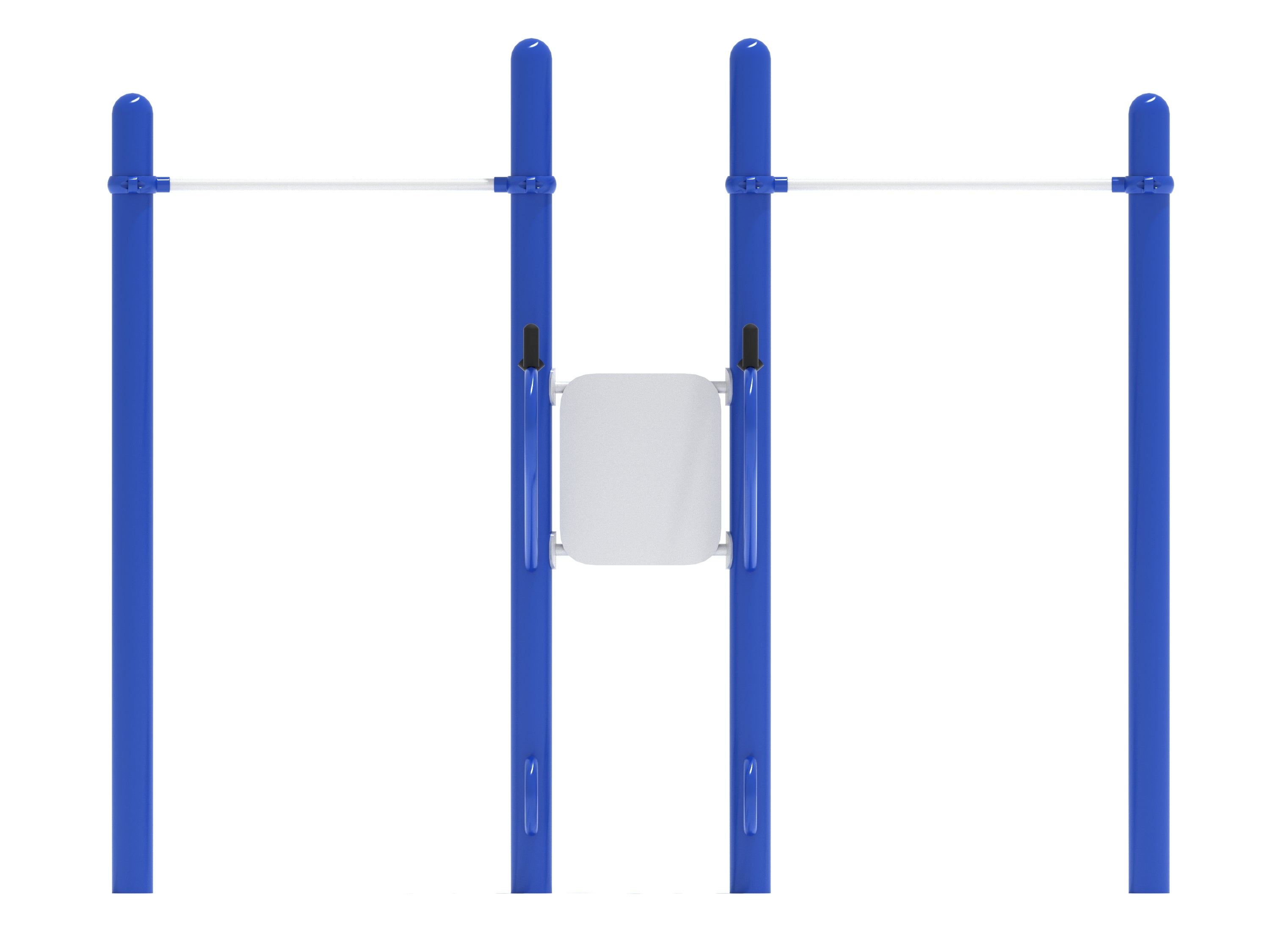 Outdoor pull-up and dip station with blue posts and white bars for upper body strength training