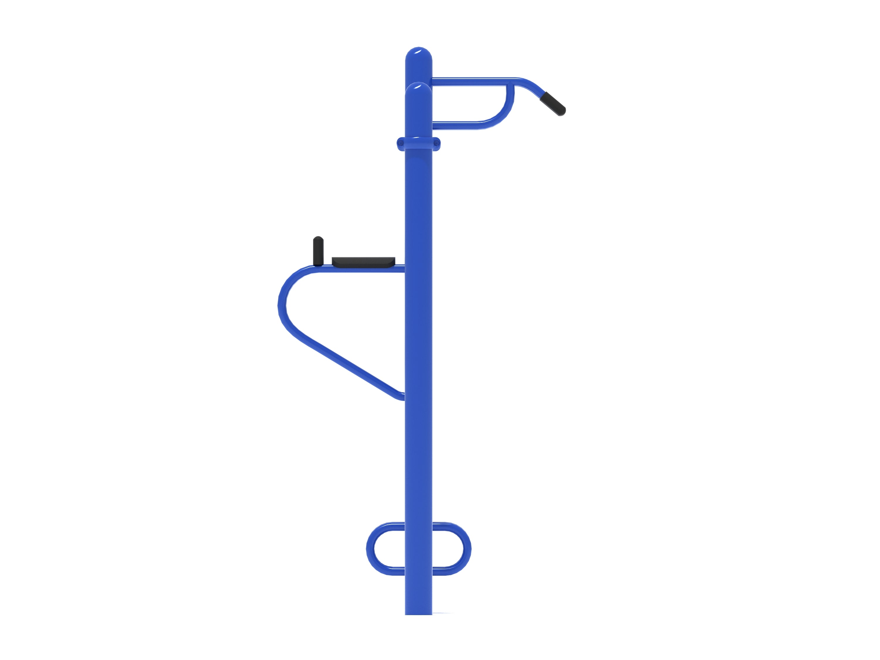 Blue outdoor pull-up and dip station with multiple grip bars and padded handles for upper body workouts