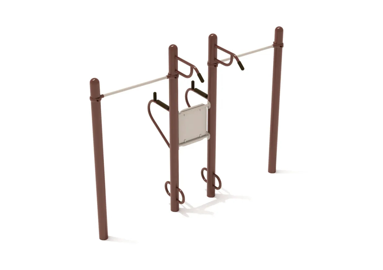 Outdoor pull-up and dip station with four workout areas, brown vertical posts, and white horizontal bars.
