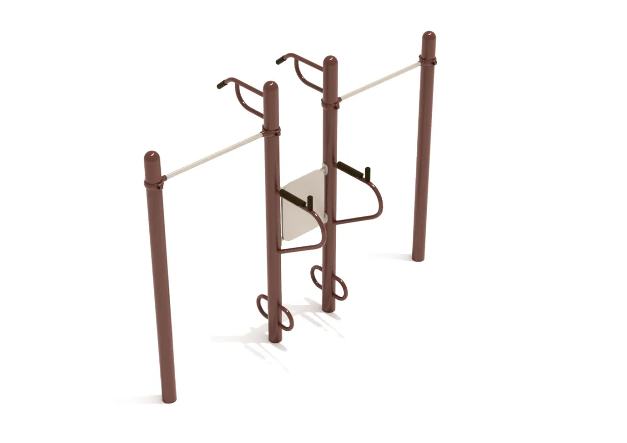Outdoor multi-user workout station with four brown metal posts, pull-up bars, and dip handles for strength training
