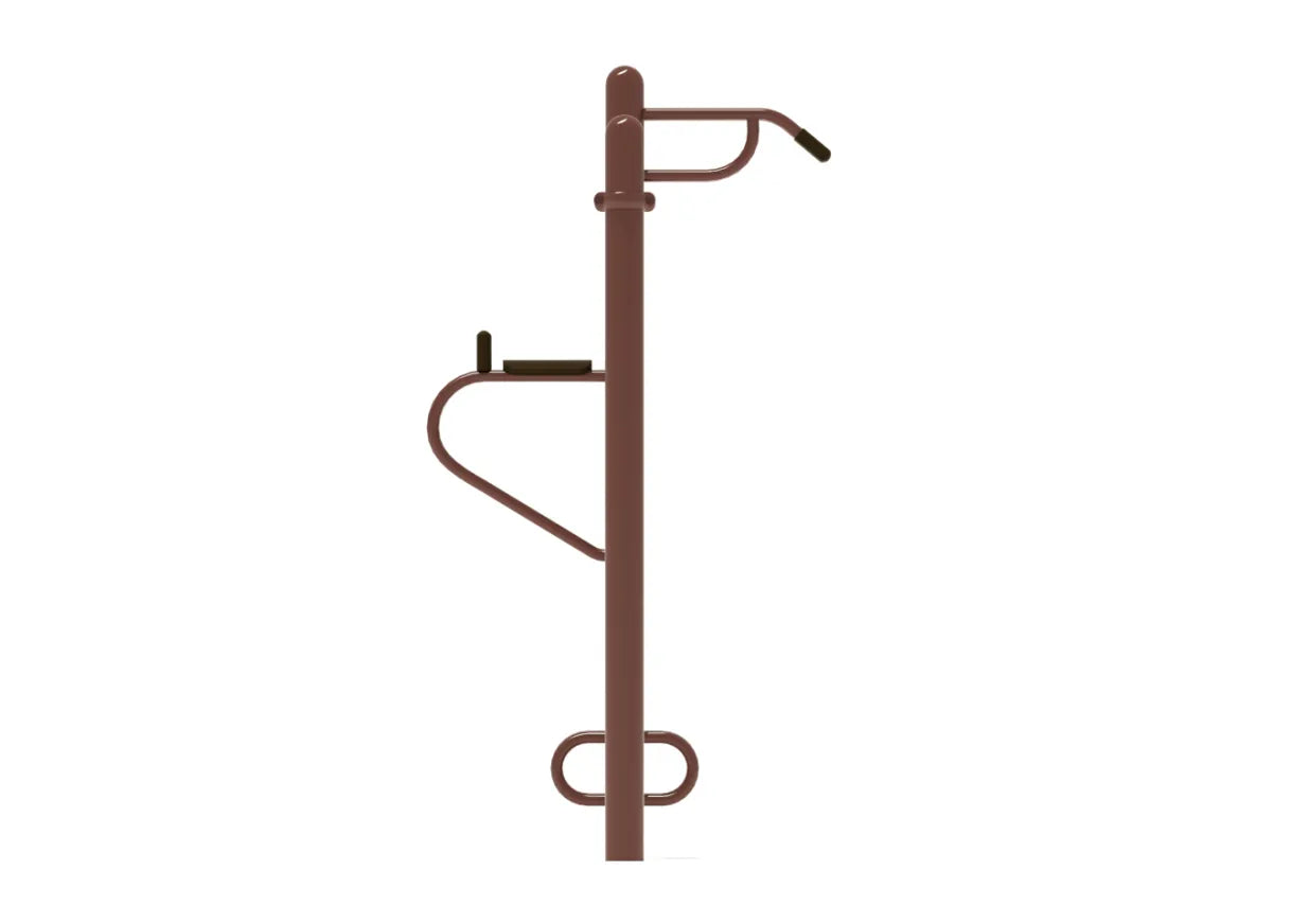 Outdoor pull-up and dip station with multiple grip bars and padded arm supports for strength training, accommodating multiple users.